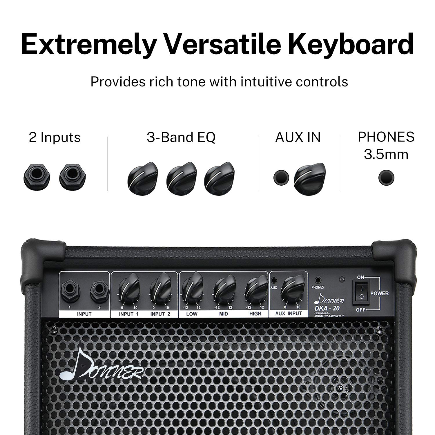 Donner DKA-20 Keyboard Amplifier 20 Watt Keyboard AMP with Aux in and Two Channels, Bass Guitar Amp, Piano Amplifier, Electronic Drum Speaker Support for Microphone Input