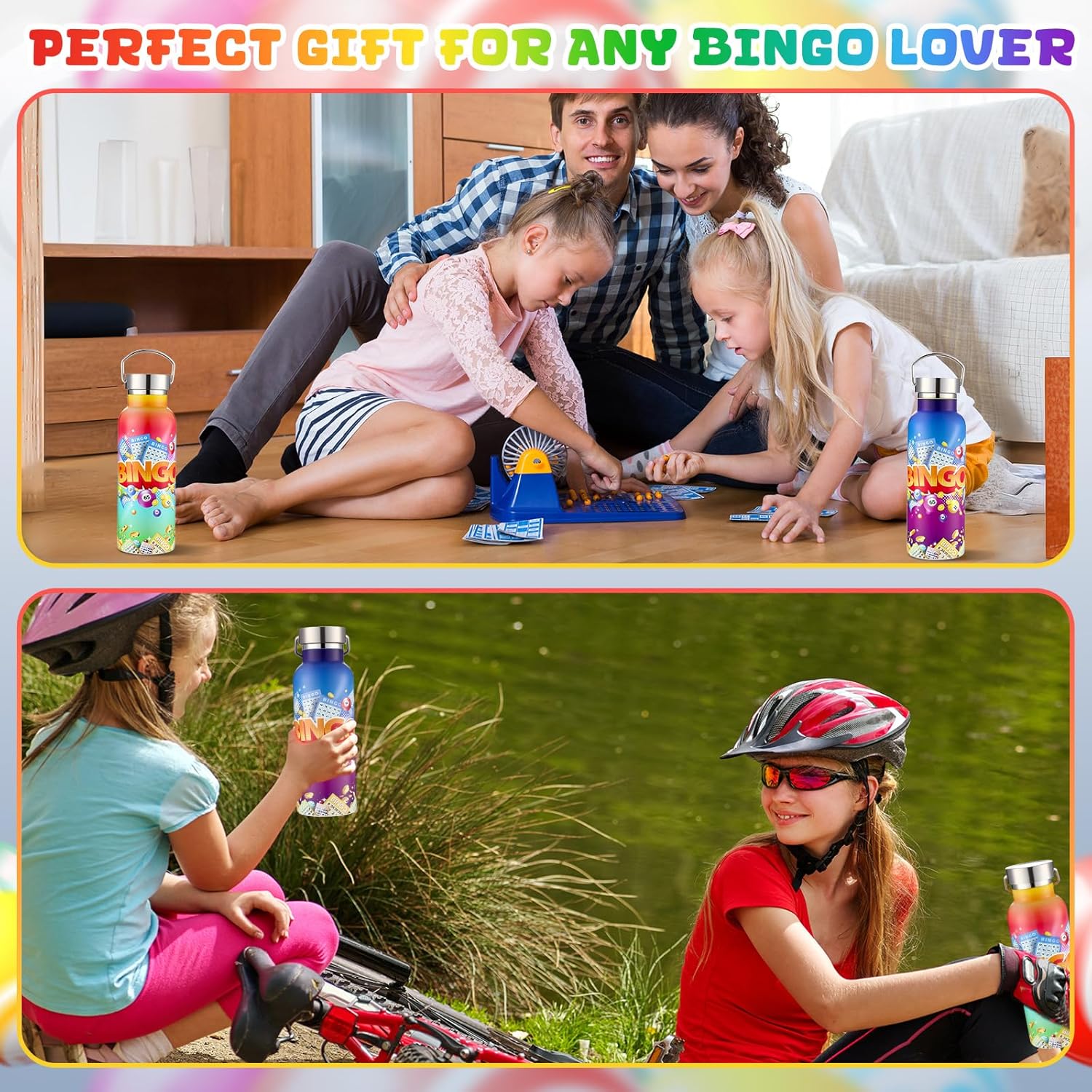 Geiserailie 2 Pack Bingo Tumbler Cups Bingo Prizes Gifts 17oz Stainless Steel Water Bottle Double Wall Insulated Bottle with Handle and Vacuum Seal Leakproof Lid for Seniors Adults Party
