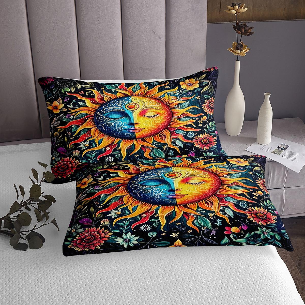 Homewish Juego de colcha de sol y luna, tamaño King, diseño bohemio, exótico, estampado floral, bohemio, para niños y niñas, diseño hippie de galaxia, astrología, ropa de cama acolchada