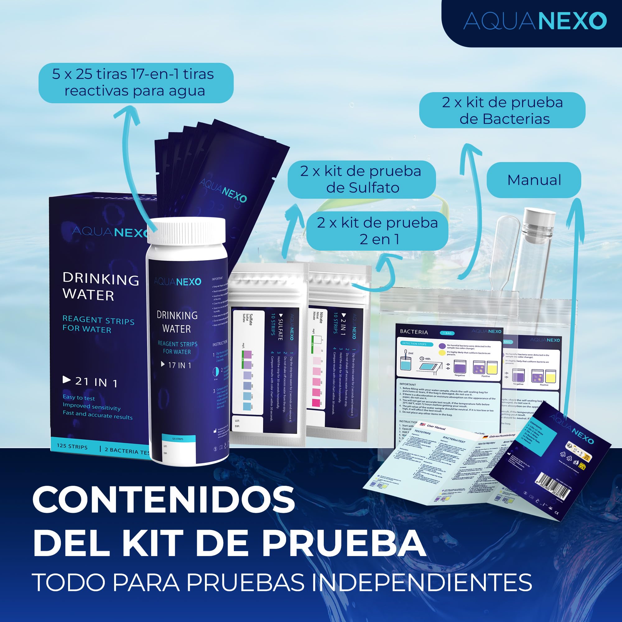21 parámetros, 125 + 20 tiras de prueba de agua potable + 2 x pruebas de bacterias coliformes, tiras de prueba de pH, probador de agua potable, medición de dureza del agua, prueba de dureza