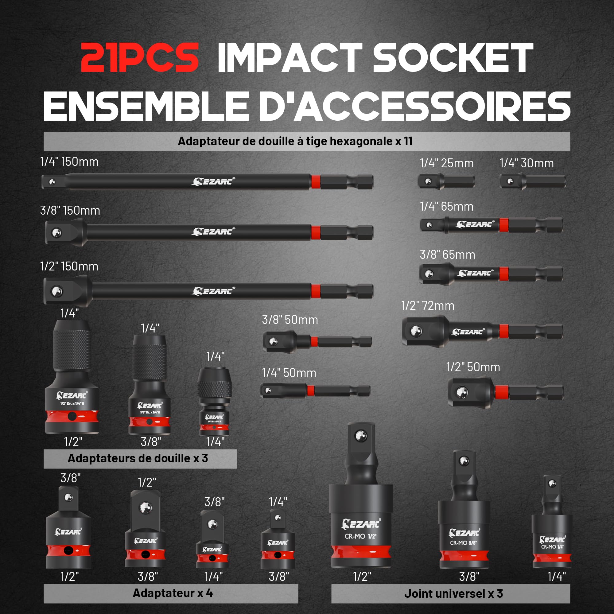 EZARC Lot de 21 adaptateurs de clé à douille, extensions et réducteurs CR-V, joints de cardan CR-MO et adaptateur à impact, visseuse à percussion, accessoires pour réparation automobile et atelier