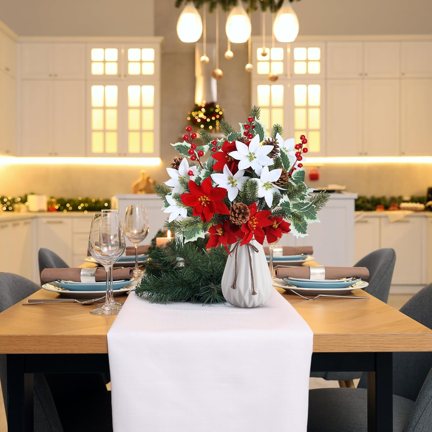Sggvecsy 14Pcs Christmas Flowers Artificial Poinsettia Bouquet 18’’ Pine Branches Red Berry Stems Holly Leave Picks with Pinecones for Home Porch Garden Indoor Outdoor Holiday Xmas Decorations