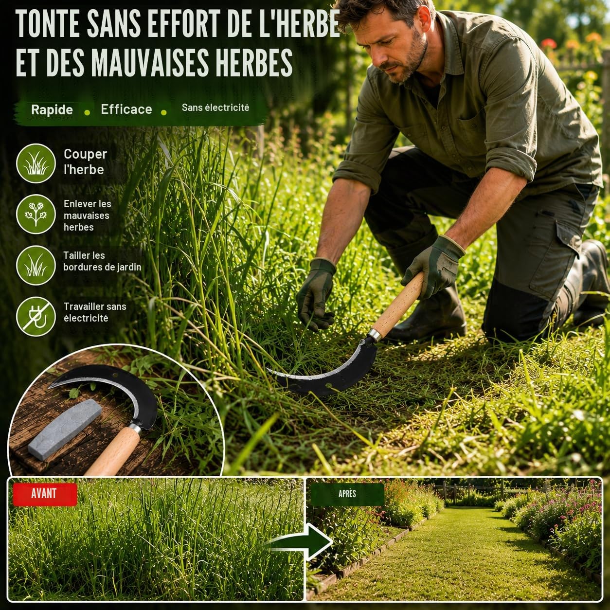 Set de faucilles de qualité supérieure avec pierre à aiguiser, faucille tranchante, faucilles à main 35 cm, petites faux, tondeuse, coupe-herbe, manche en bois, faucille forgée pour faucher