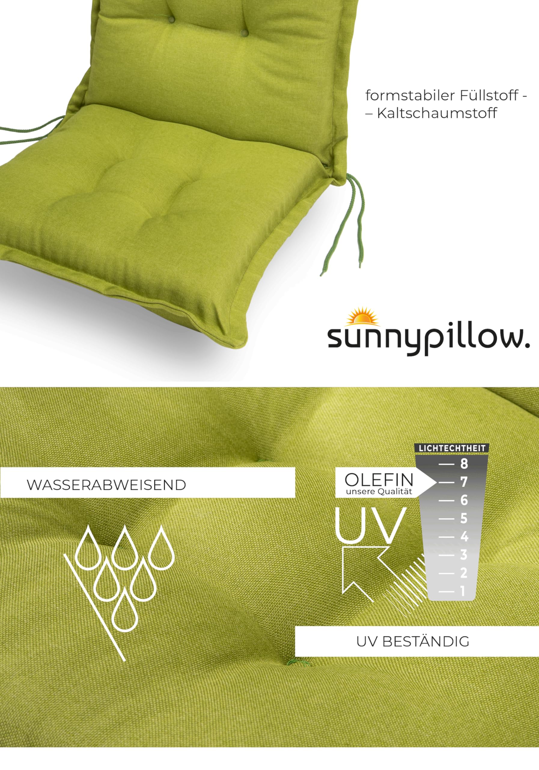 sunnypillow 6 poduszek na krzesła ogrodowe z niskim oparciem, 100 x 50 x 9 cm, 6 kolorów do wyboru, do użytku wewnątrz i na zewnątrz, kolor zielony