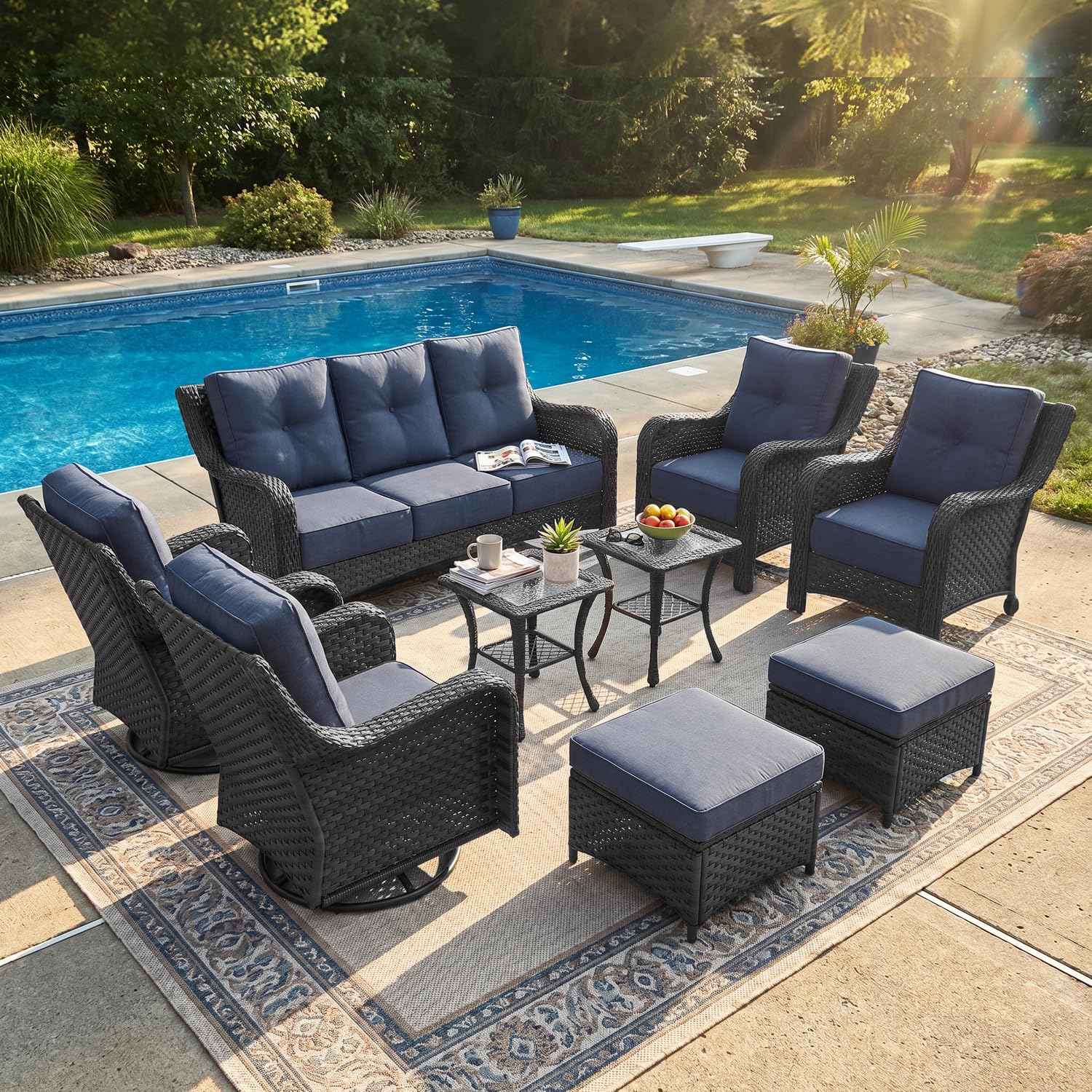 LayinSun 9 Piece Wicker Outdoor Furniture Set with 6-inch Comfy Cushions