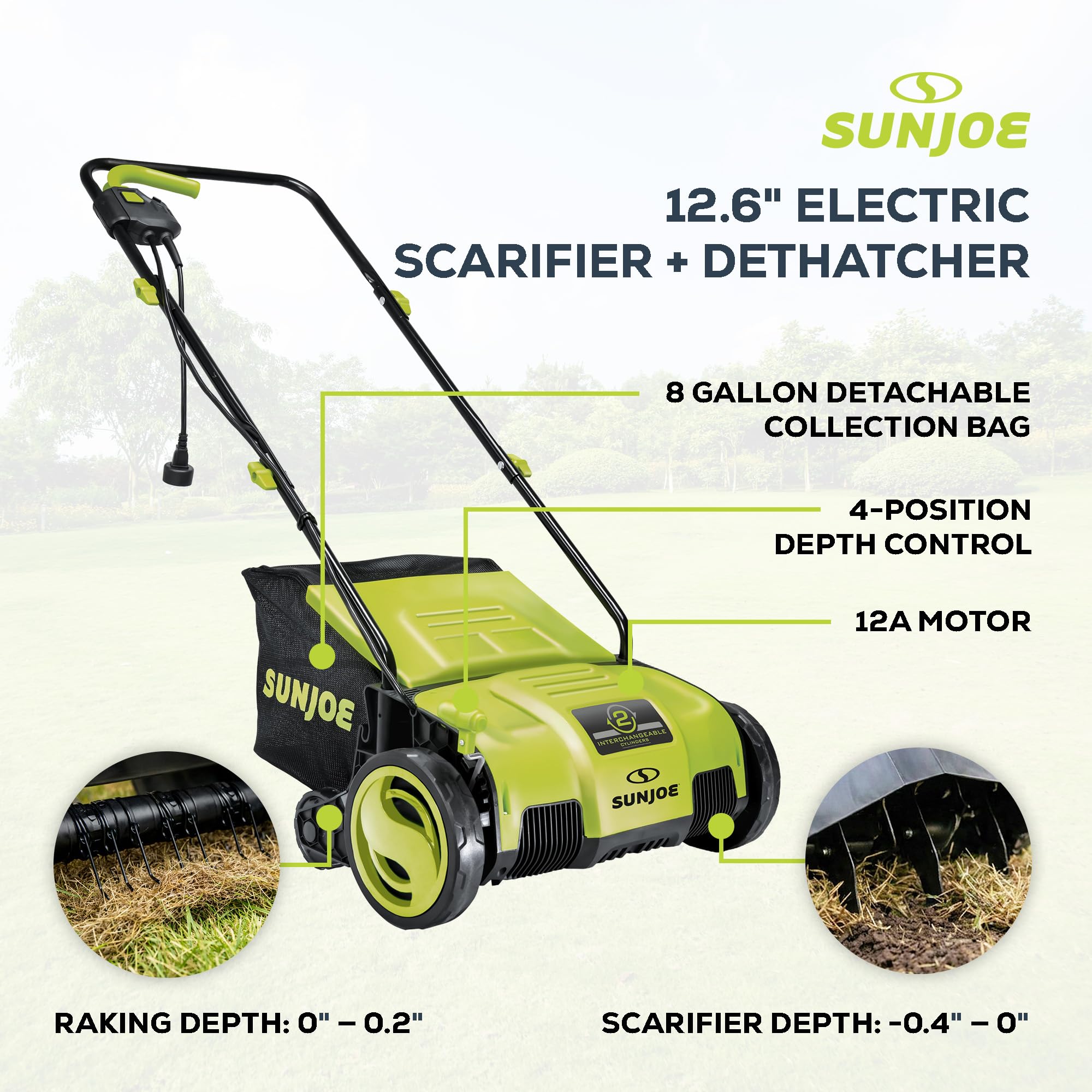 Sun Joe AJ798E - Desechador eléctrico y escarificador de 12 amperios y 13 pulgadas con bolsa de colección extraíble de 8 galones, ajuste de altura de 4 posiciones, tecnología Airboost aumenta la salud