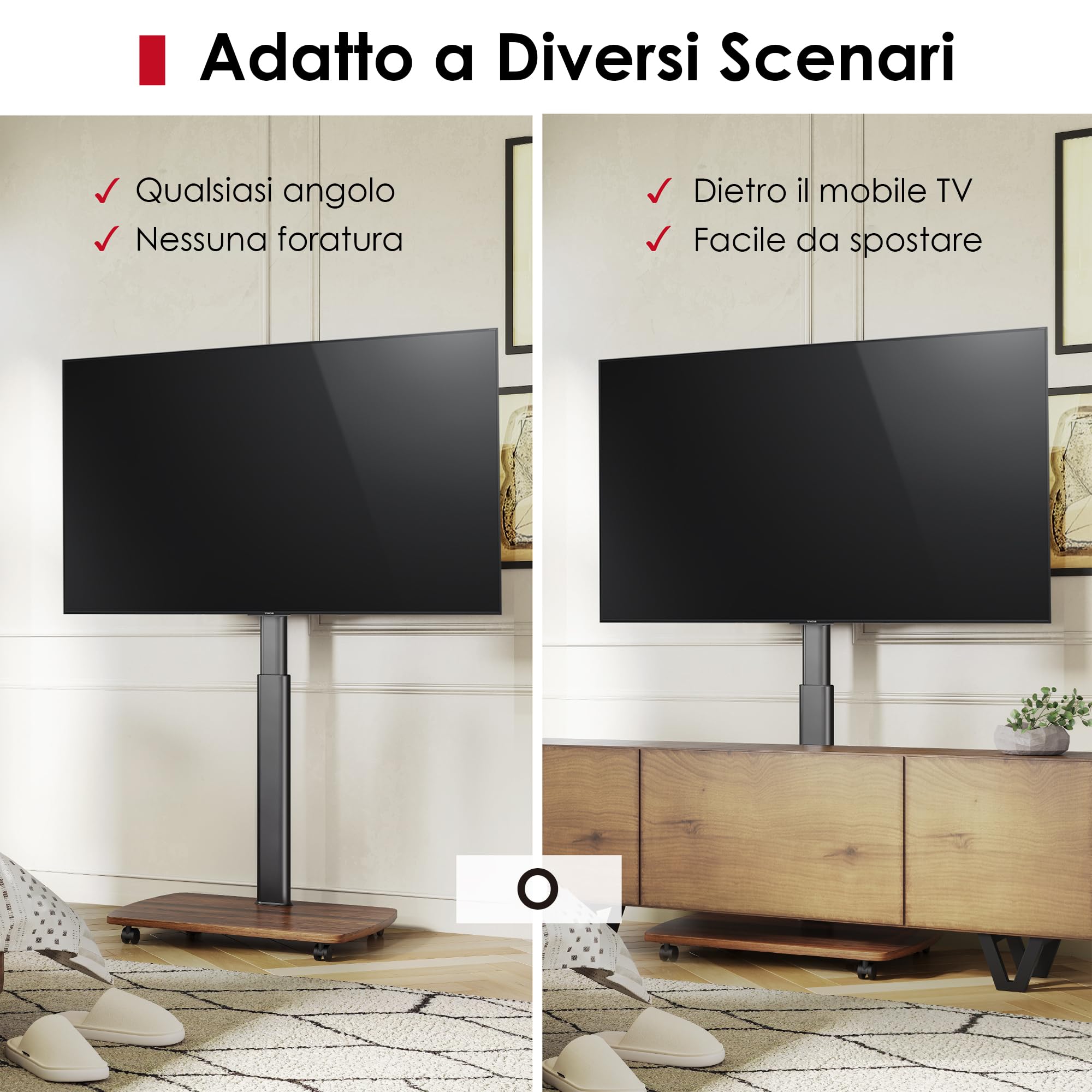 AOKCOS Carrello Porta TV con Ruote per 43-75 Pollici, Supporto TV da Pavimento Girevole e Regolabile in Altezza, Inclinabile, Base in Legno, VESA 600x400mm 50kg