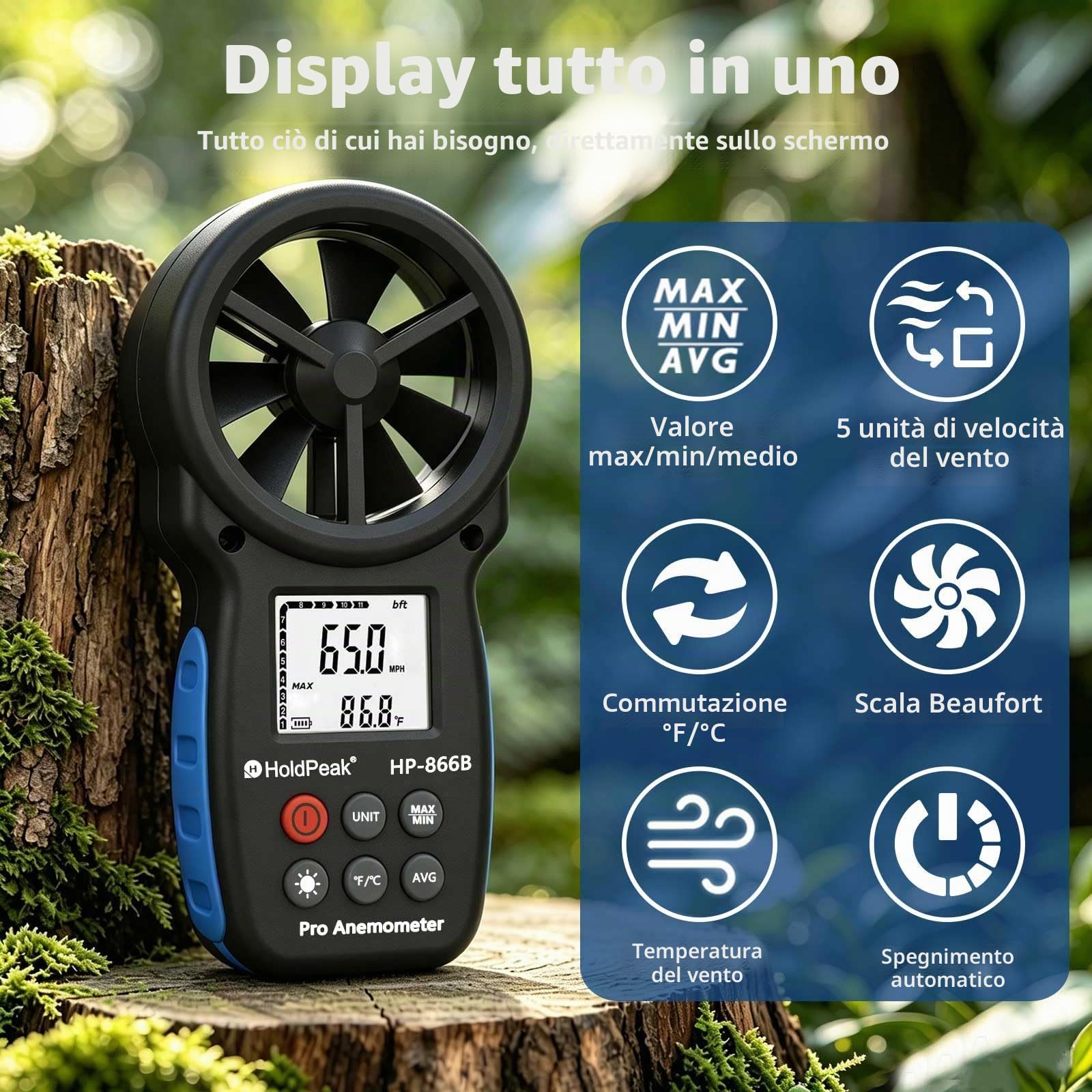 HoldPeak Anemometro Digitale 866B, Misuratori del Vento,Temperatura del Vento,Max/Min,LCD Retroilluminato,qualità dell'Aria e del Flusso d'Aria per Windsurf,Kitesurf,Vela,Surf,Pesca