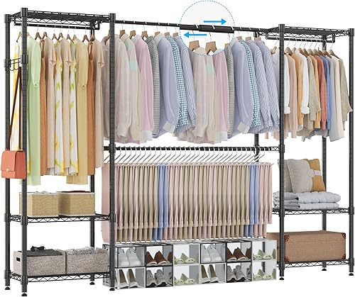 Homdox Perchero resistente con varillas extensibles para colgar, perchero de metal ajustable para colgar ropa, armario independiente con estantes de