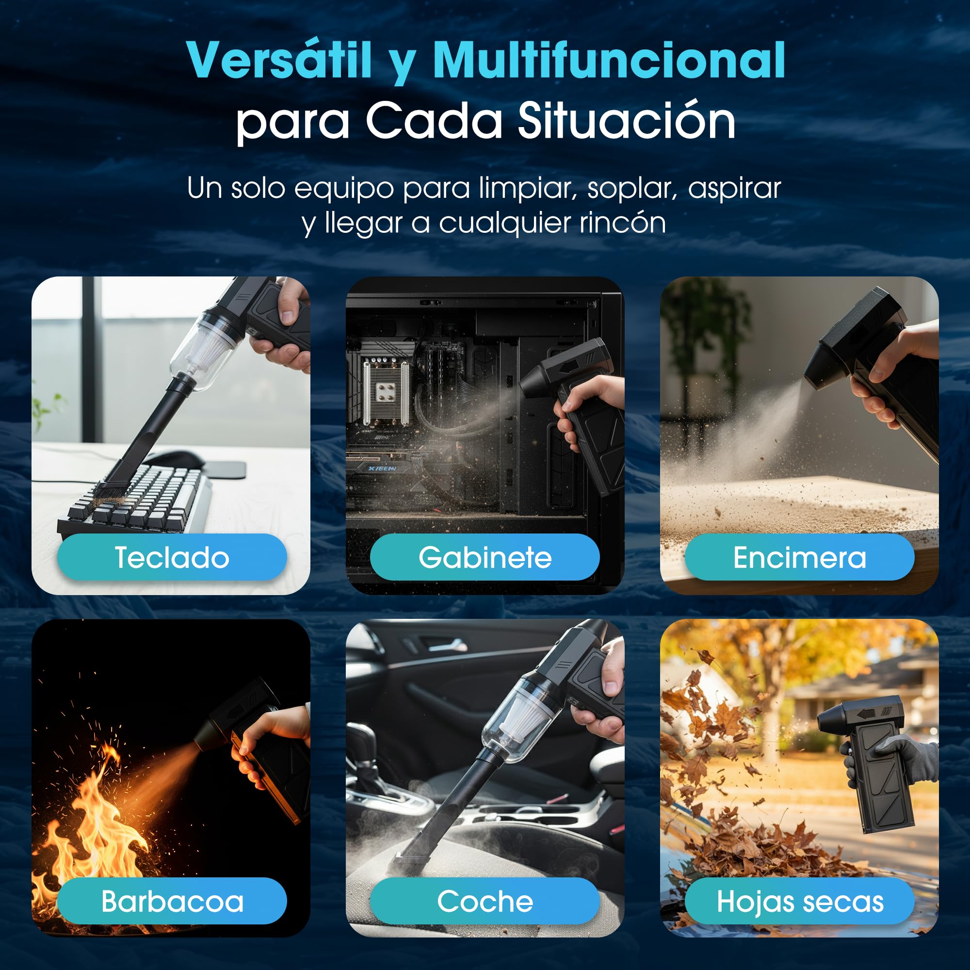 Super Pro Soplador De Aire Potente y Aspirador Mano 2 en 1, Pistola Aire Comprimido, 130000 RPM, Plumero de Aire Eléctrico con Bateria 4000 mAh, Soplador de Aire con Luz LED para PC, Limpieza Coche