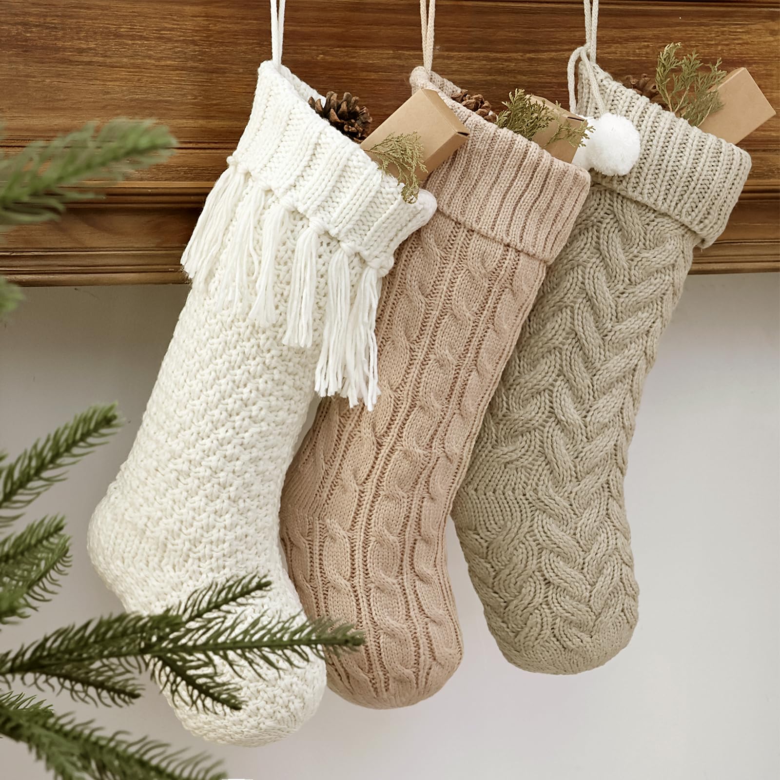 LimBridge Christmas Stockings Cable Knit, 3 Pack 18 inches Large Size Knitted Xmas Stockings, Rustic Farmhouse Boho Style Stocking Decorations for Family Holiday Season Decor, White & Beige