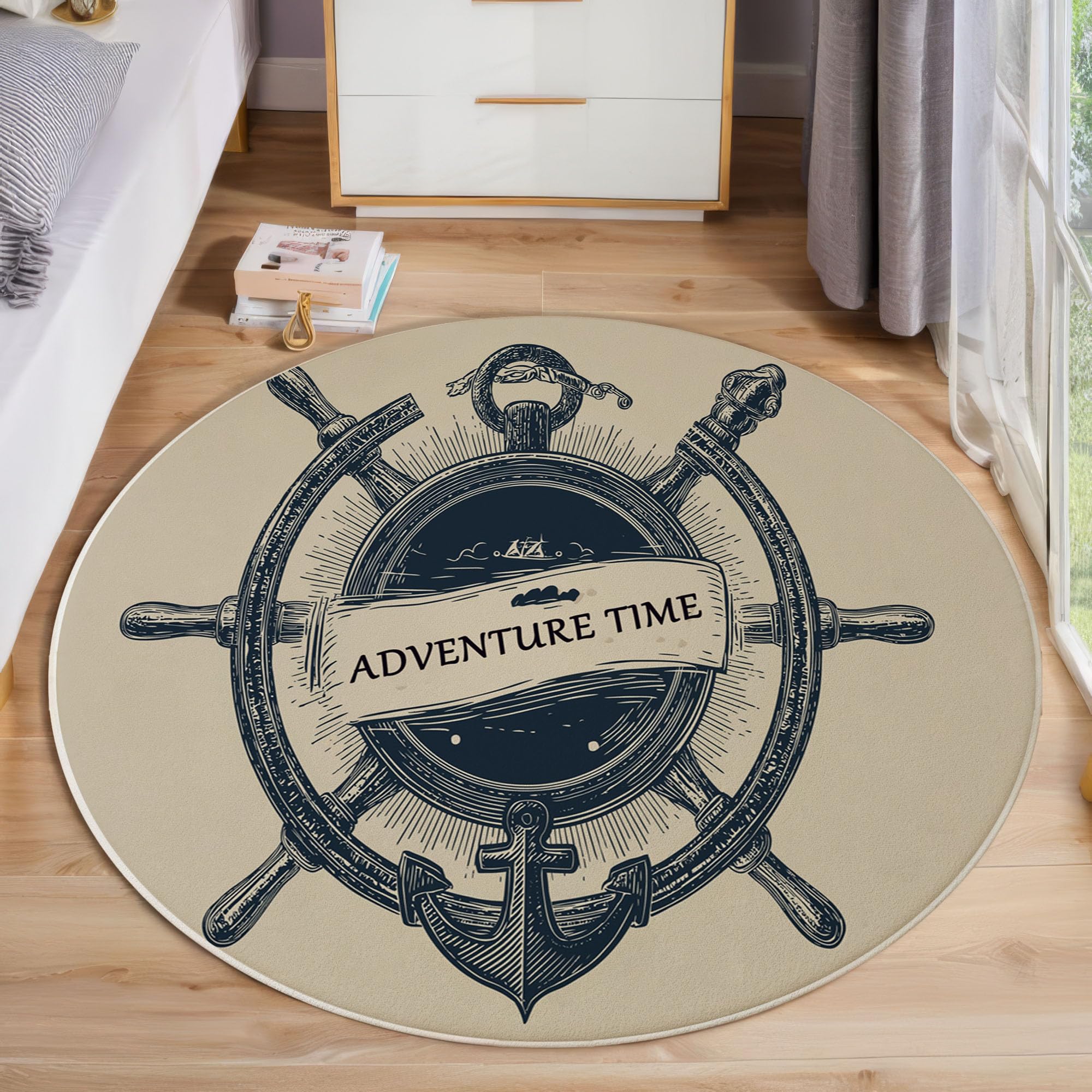 Tapis rond lavable 80 cm motif gouvernail beige pour déco de chambre