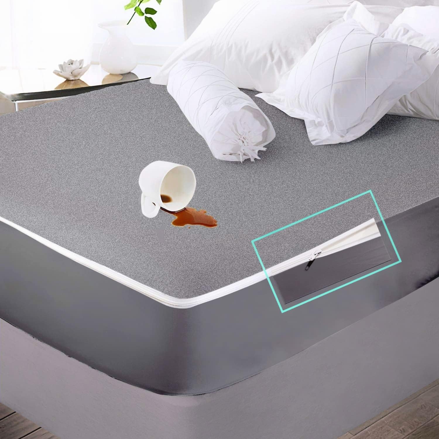 Trance Home Linen Zippered Chain 78"x72"x 8" Cotton Waterproof Mattress Protector | Dust Mite Proof, Bed Bug Protection Mattress Cover for King Bed Size with 8 inch Thick (78x72x8 inch, Grey)-image-46