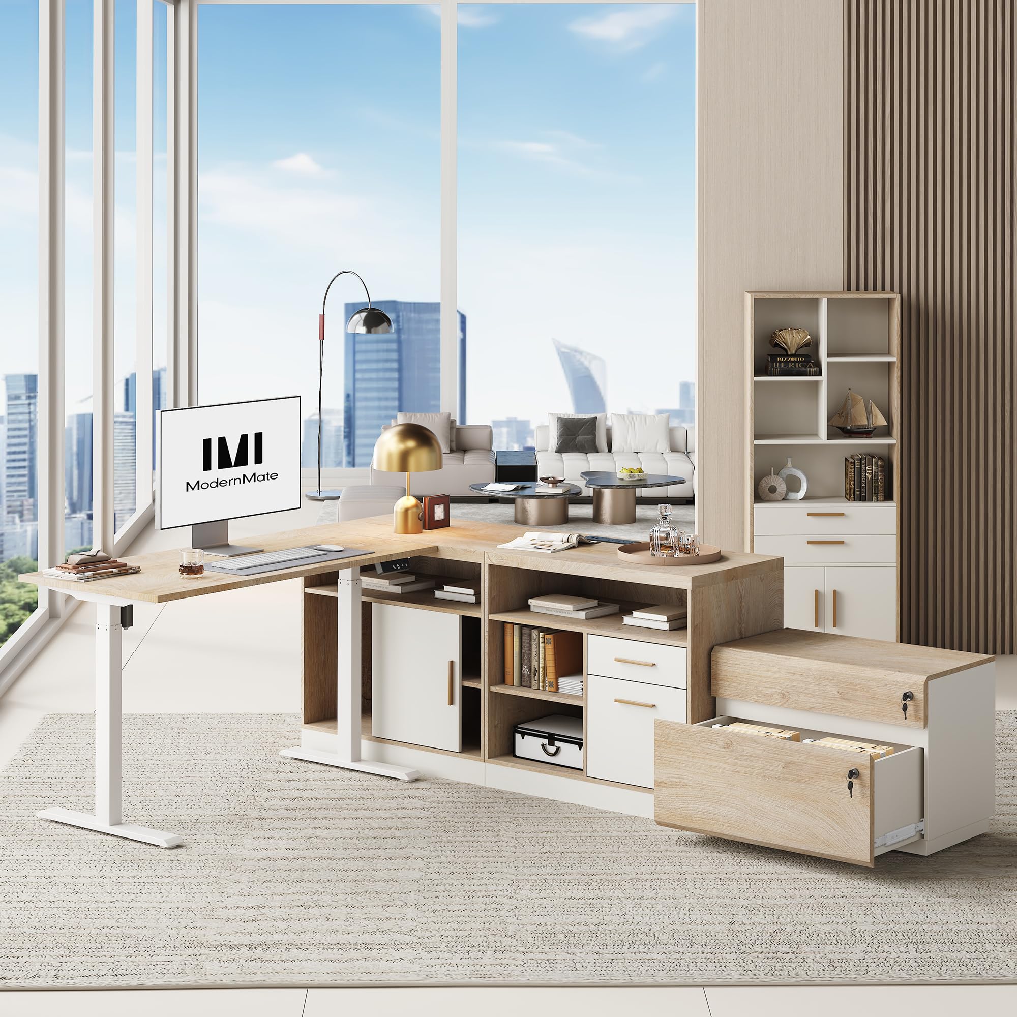 ModernMate Furniture Sets, 67" Standing Desk with 59" Bookshelf and 2 Drawer lateral File Cabinet, Home Office Furniture Set, Light Walnut