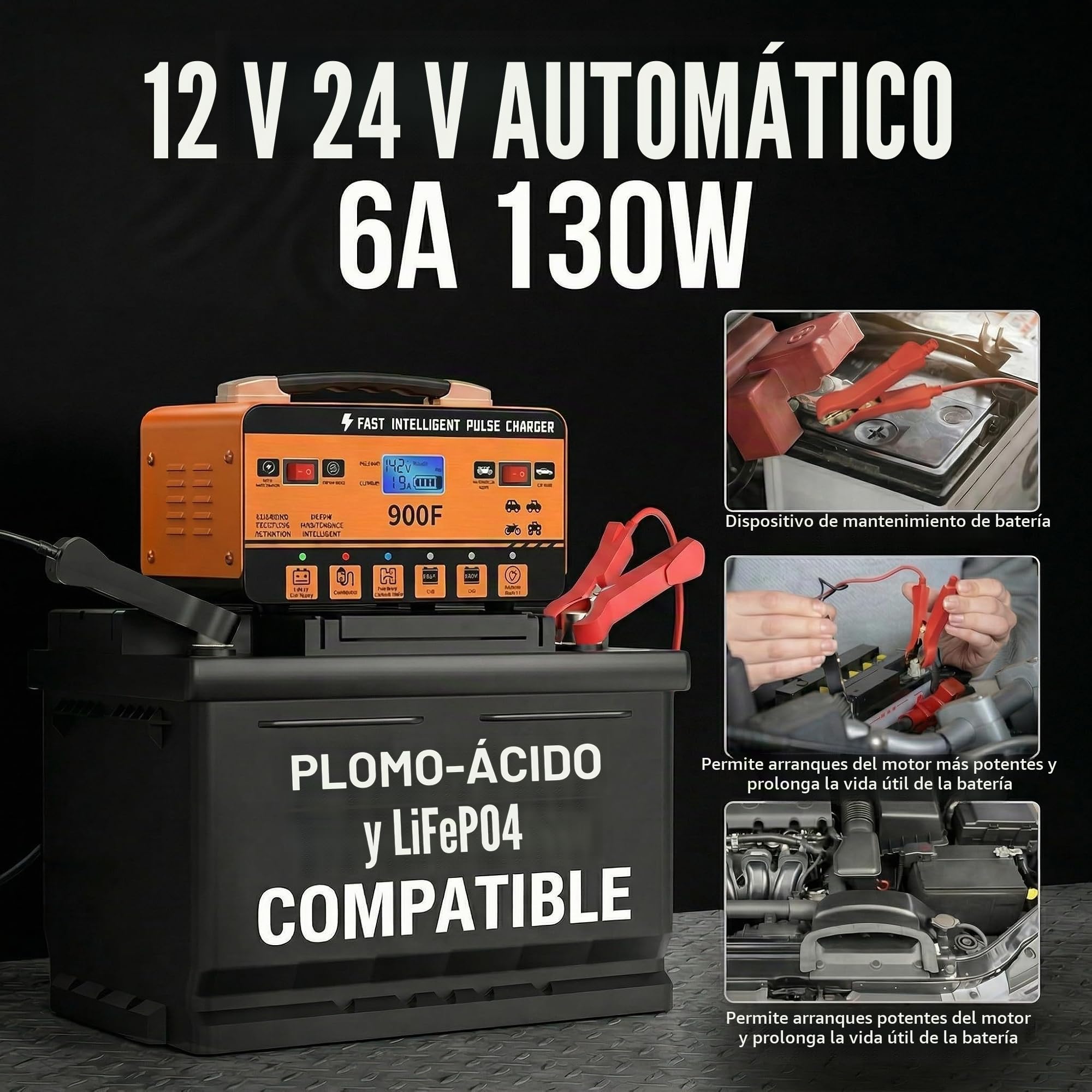 Cargador de batería 12 V 24 V Pulso inteligente – Cargador de reparación automático con modo verano y protección de 6 vías, para coche, camión, moto, scooter y barco