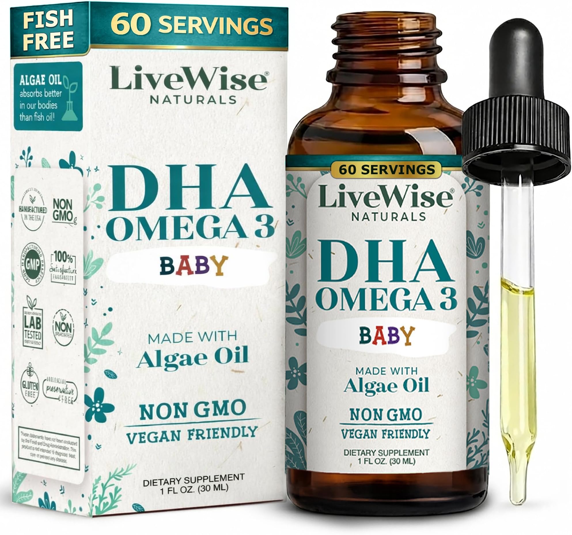 LiveWise Naturals DHA Omega 3 Drops for Kids - Vegan Liquid Omega 3 for Infants, Toddlers & Children - Essential DHA Supplement for Baby Brain, Eye & Immune Health