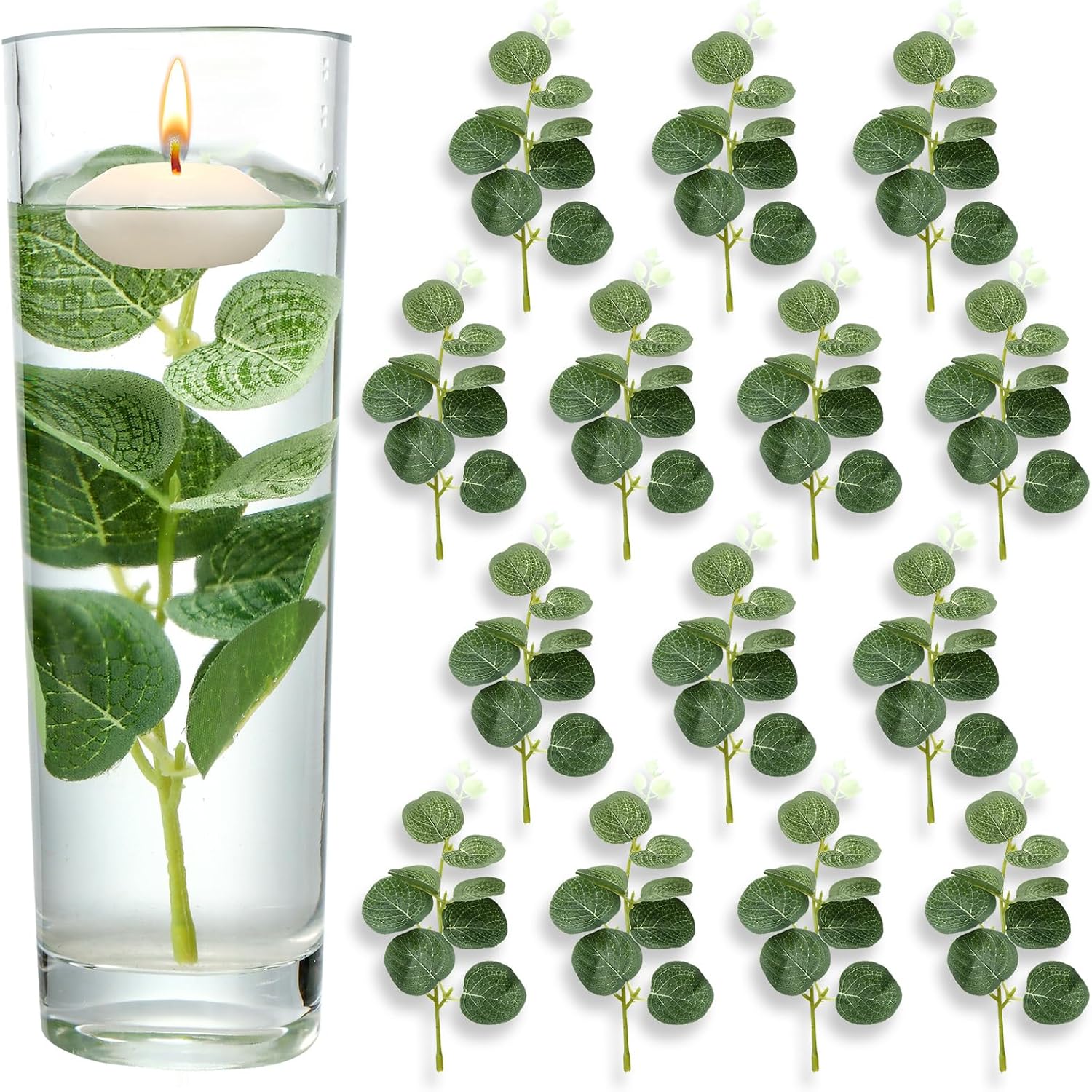 Zeyune 50 Pcs Mini Artificial Eucalyptus Leaf for Floating Candles for Centerpiece Wedding Table Floating Leaves Stem Vase Fillers for Tea Candles Bridal Shower Home Birthday Christmas Party Decor