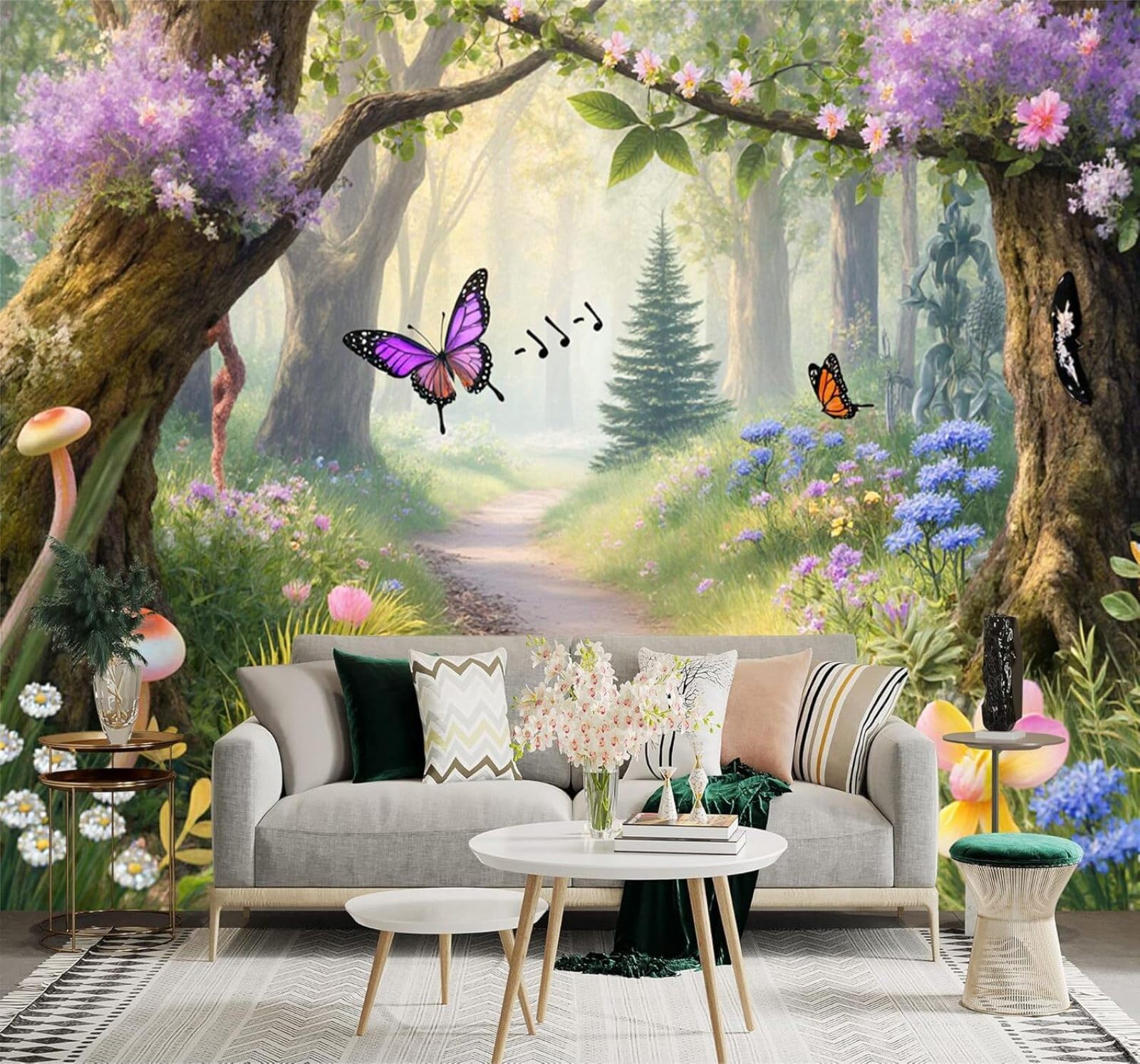 XLMING Forest Path Butterflies Flowers Mushrooms 3D Wallpaper Premium Textured Silk Study Dining Living Room Bedroom Sofa TV Wall Easy Install-350cm×256cm