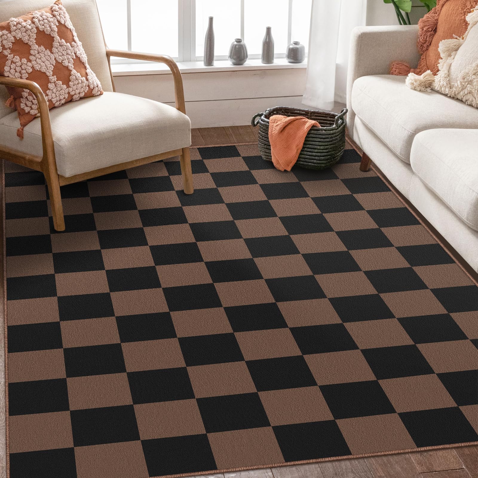 SOANNY Living Room Rug, Soft Low Pile Checkered Carpet, Non-Slip, Washable, Modern Geometric Area Mat for Bedroom Kitchen Nursery Dorm Kids Room Teen Room Bedside, Black & Brown, 120x170cm