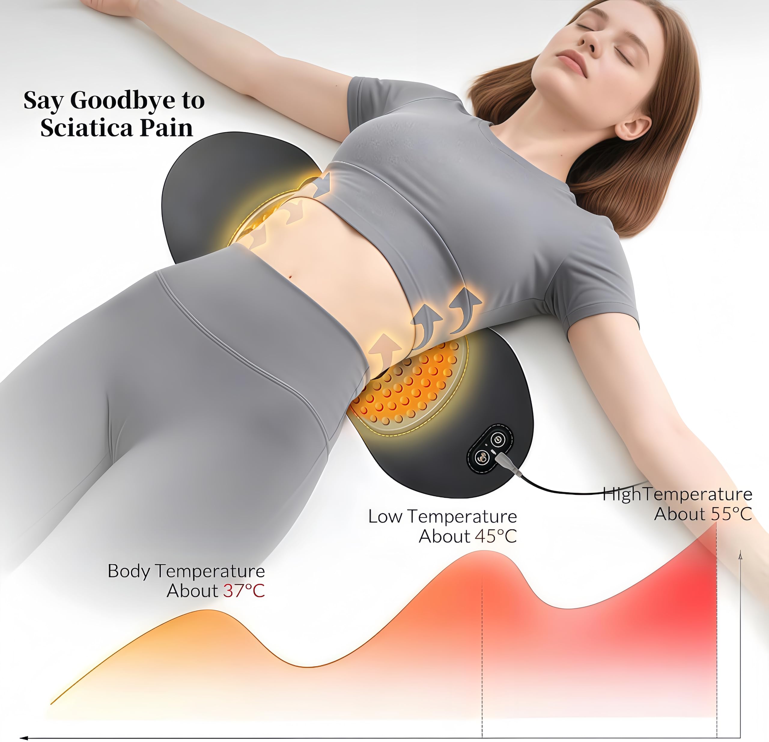 Cuscino massaggiante 3 in 1 con calore, vibrazione e stretching, in memory foam, ergonomico, per sciatica e dolori lombari, grigio
