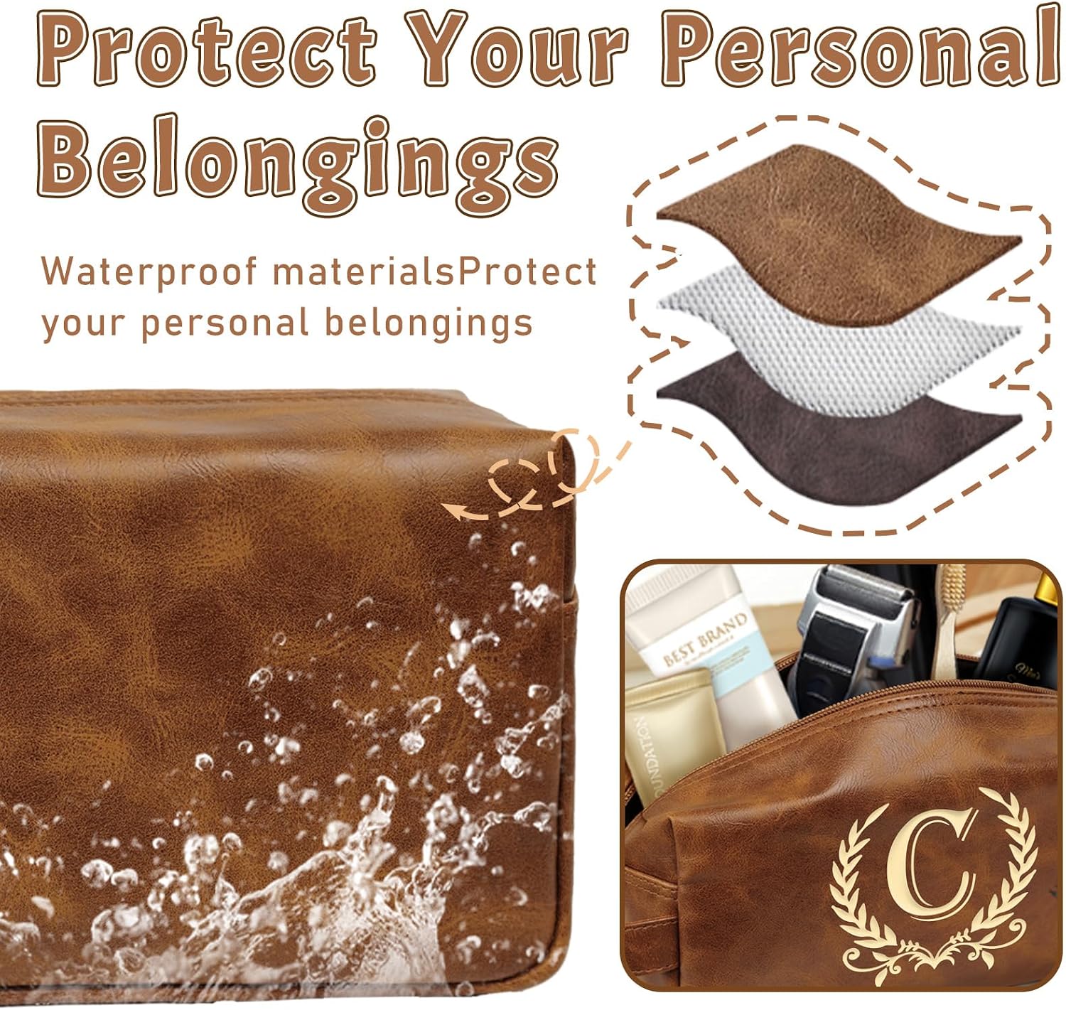Mens Personalized Toiletry Bag Leather Waterproof Kit, Travel Shaving Bag for Men, Gifts for Christmas - DarkBrown(C) image 2