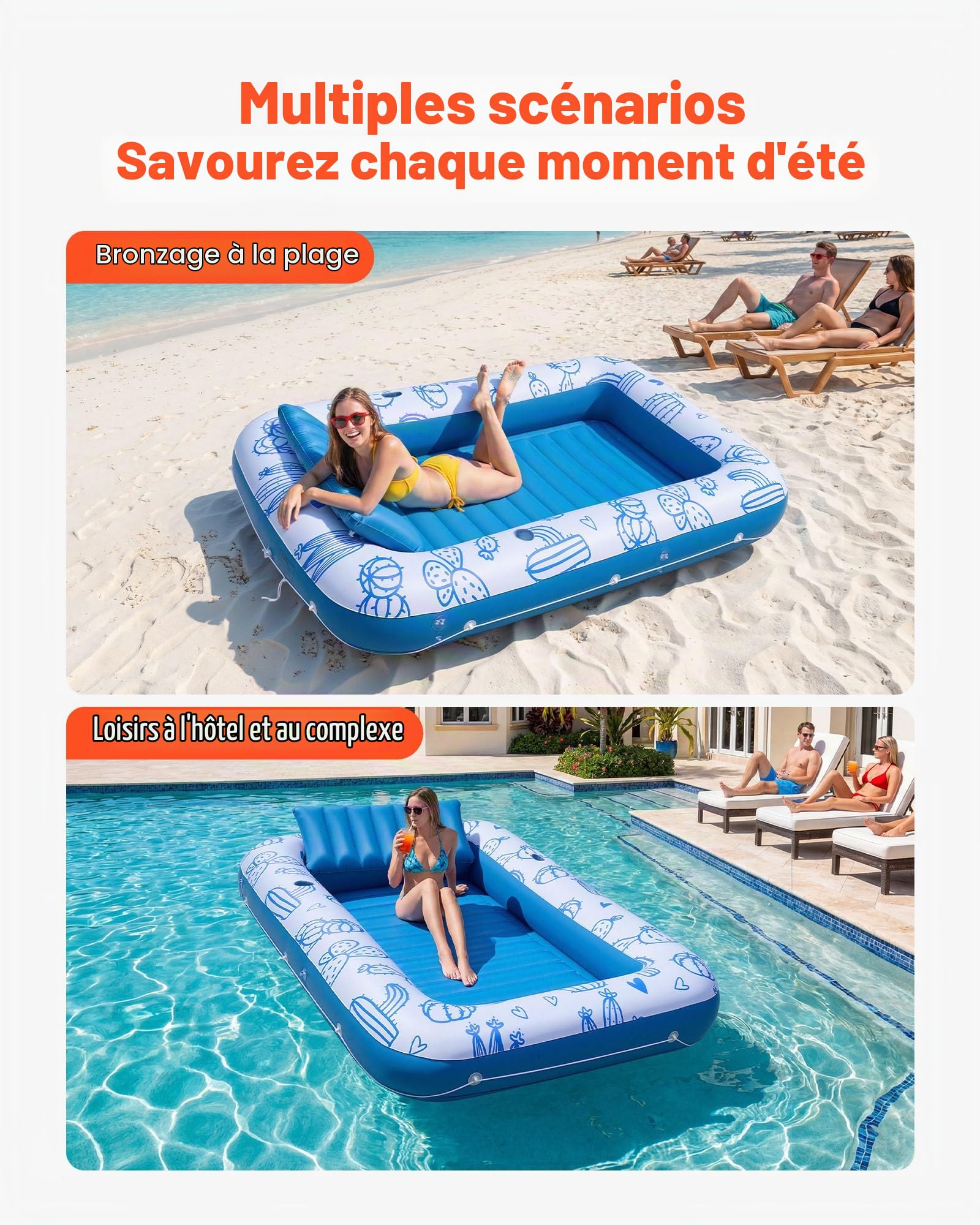 VEVOR Matelas Gonflable Piscine avec Pare-Solaire UPF 50+, Bain de Soleil Flottant 209x140 cm, pour Bronzage Détente sur l'eau, Chaise Longue Flottante Capacité 250 kg, avec Oreiller et Porte-gobelet