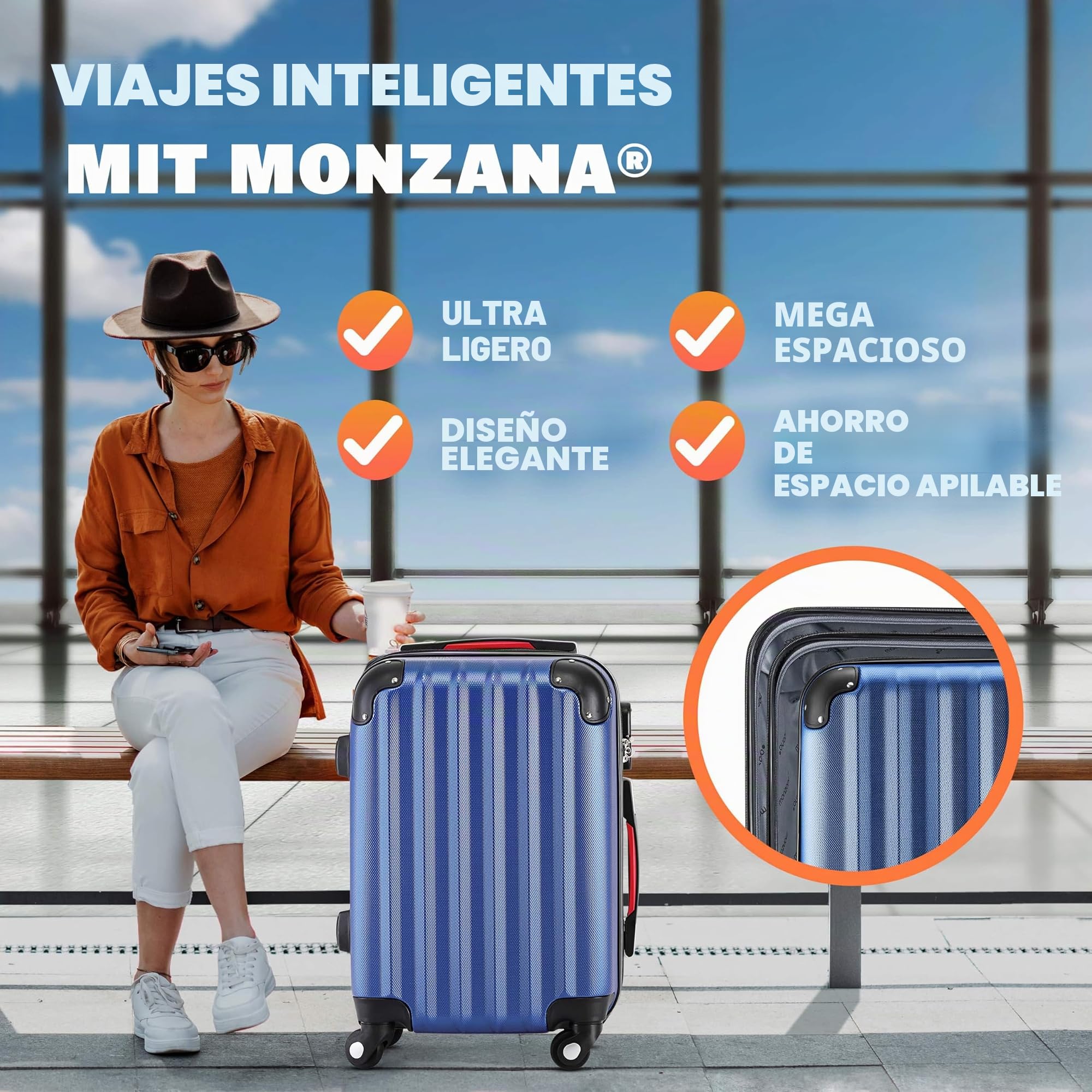 Monzana® Maleta de Viaje XL Rígida Asa Telescópica Trolley 4 Ruedas Azul