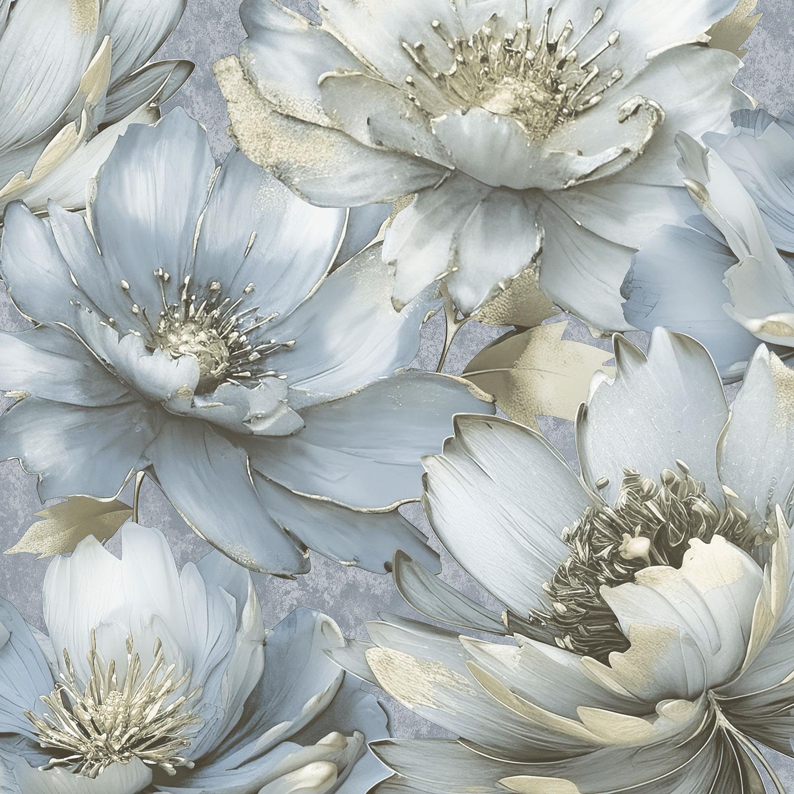 Muriva Aminah Floral Wallpaper - Blue - Large - Gold Accent