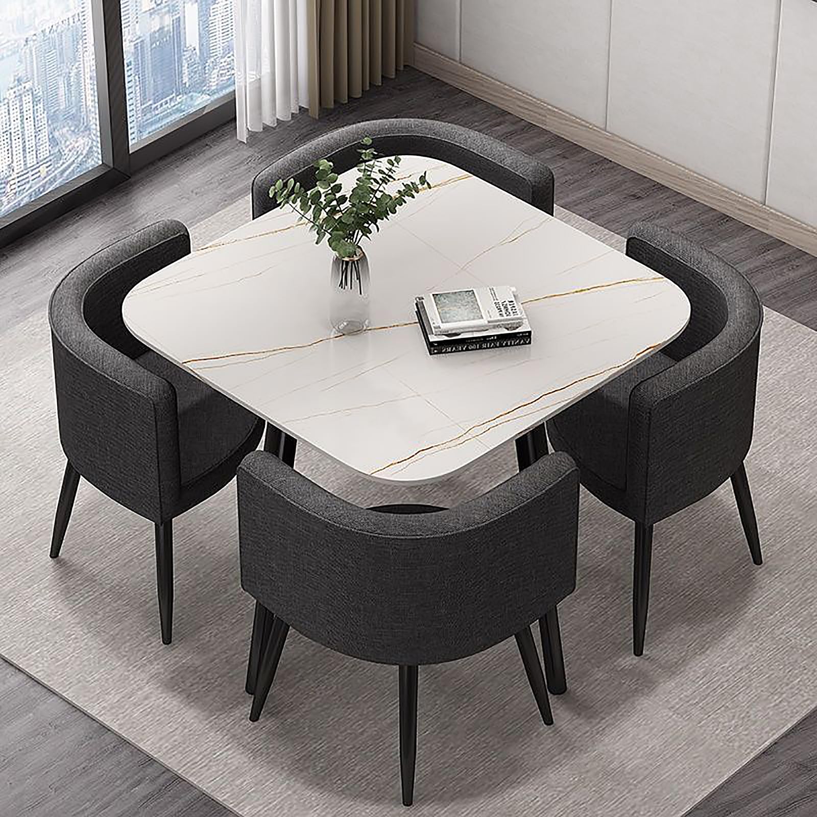 OLSKFUH Modern Round Dining Table Set With 4 Chairs For Business Meetings And Office Conference Small Round Coffee Table And Chair Combination Pu 6,Cottonandlinen-4-80 * 80 * 73cm