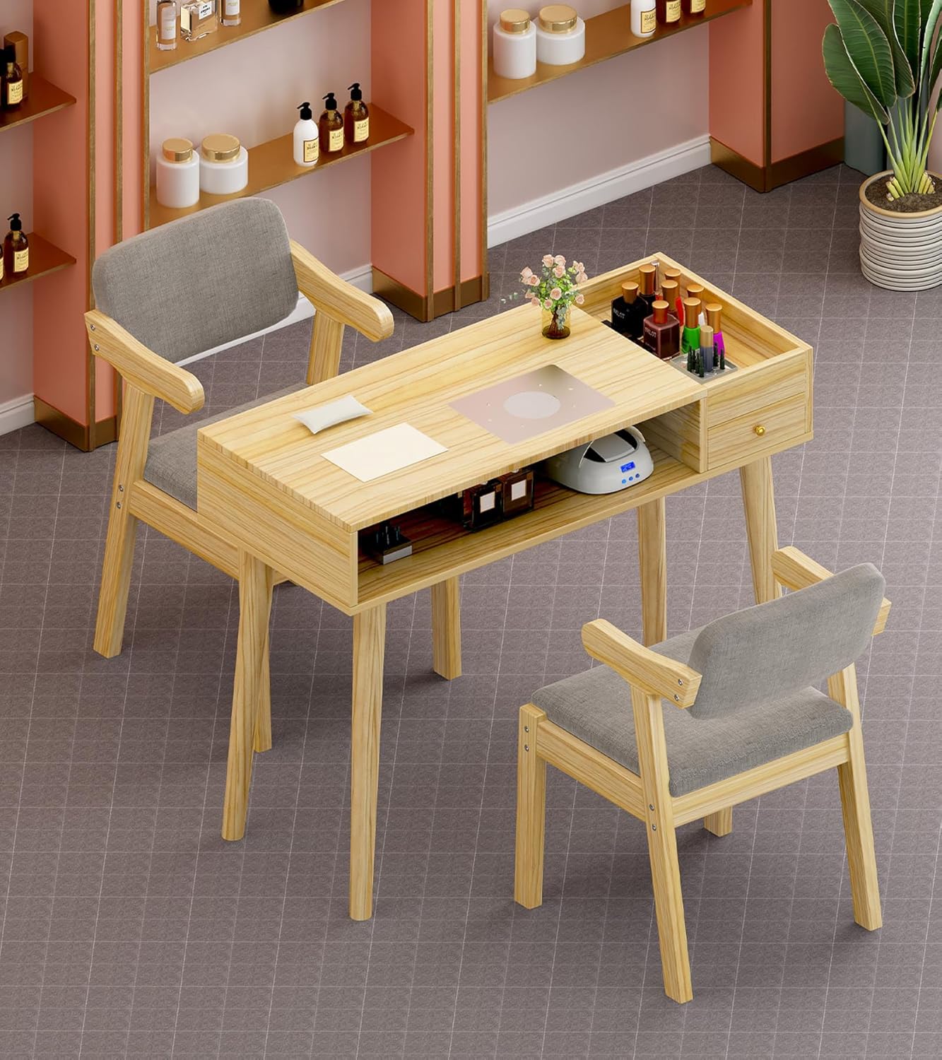 Hao&Yirong 31.5IN Solid Wood Nail Tech Desk with Dust Collector - Professional Manicure Table and Nail Station Multi-Functional Storage Design for Nail Salons and Home Use(No Chairs) (80CM)