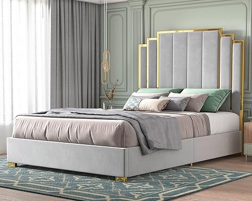 Miniatura 11 de HOWE Base de cama tamaño Queen y cabecera de 61 pulgadas, cama tapizada con borde chapado en oro, cama de plataforma moderna, no necesita somier