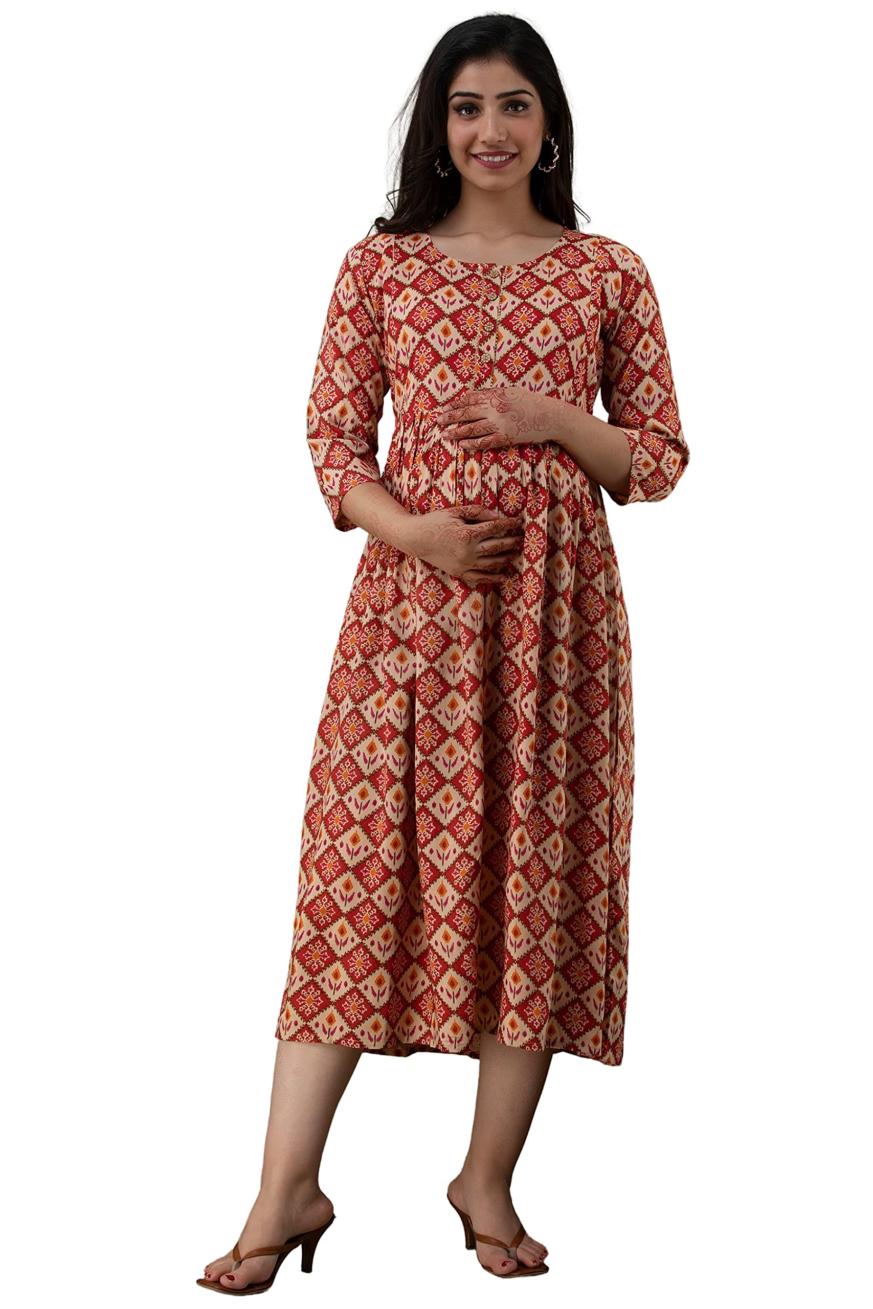 HENAL Women's Rayon Maternity Dress Pregnancy Casual Long Sleeve Dual Zipped for Feeding Nursing Maternity Comfort Dress Kurta Peach-image-46
