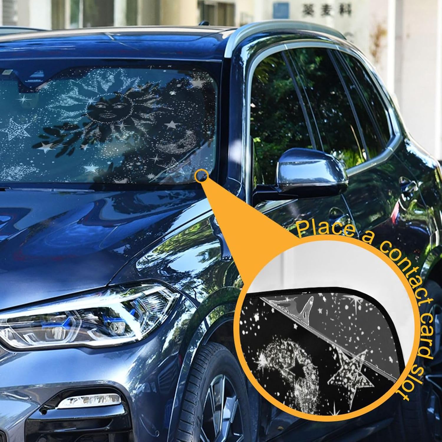 Condition photo showing As Is for windshield sun shade for car truck & suv - space galaxy pattern folding auto front window sunshade, shield cover for car screen, protector blocks uv rays and keeps vehicle cool (55 x 27.6 inch)