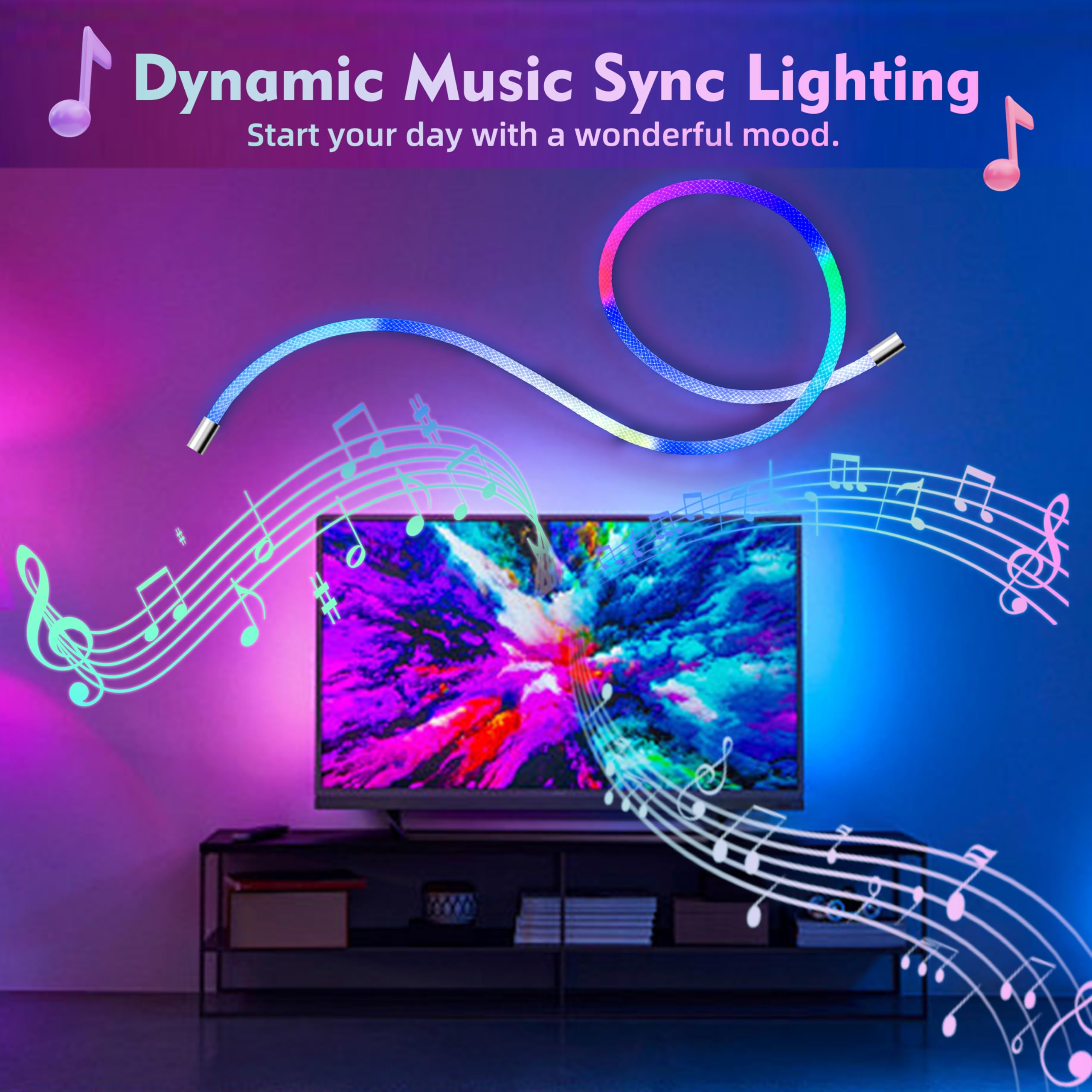 Tira de luces LED de neón de 10 pies, tira de sincronización de música impermeable con control remoto y aplicación, iluminación flexible alimentada por USB para decoración de Navidad, Halloween, sala