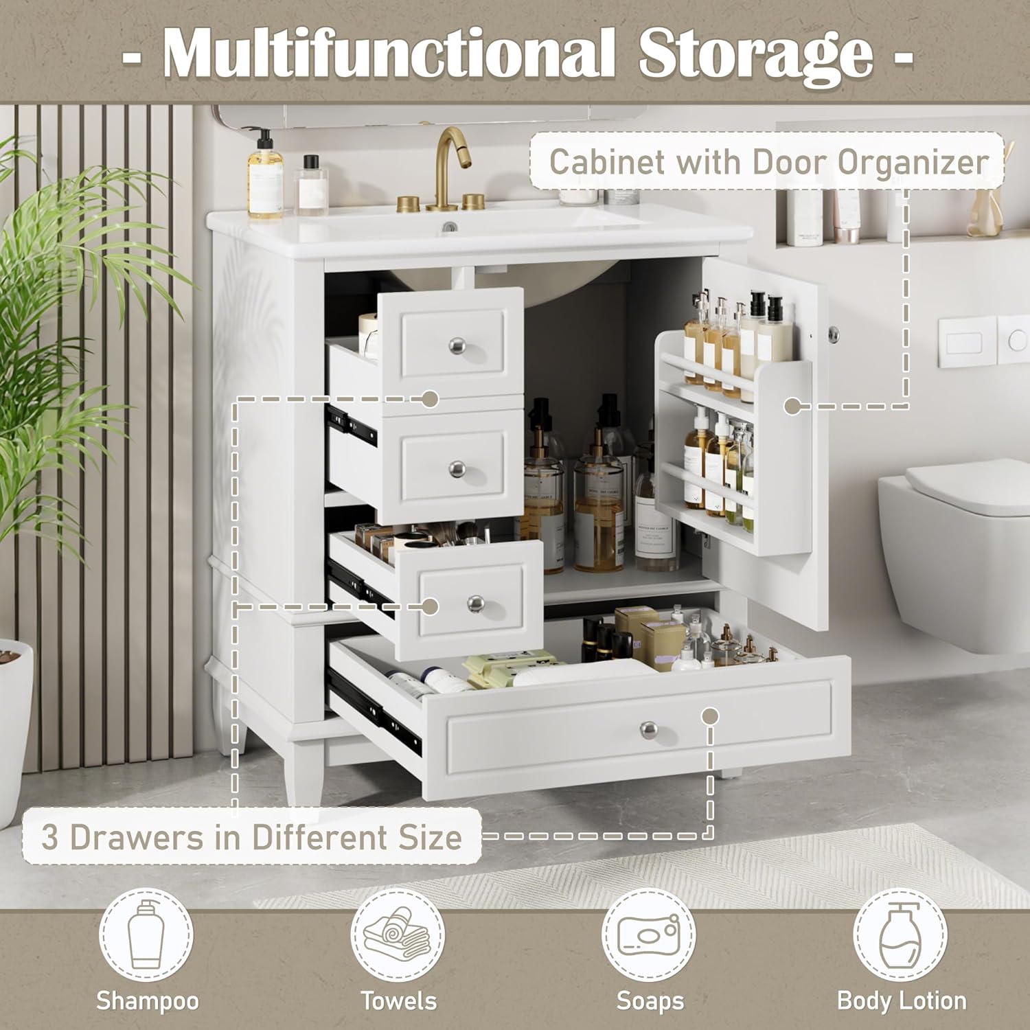 30" Bathroom Vanity with Sink, Harper & Bright Designs Free Standing Single Vanity Set with 3 Drawers and One Door with Storage Racks, Solid Wood Storage Cabinet with Ceramic Basin for Bathroom, White