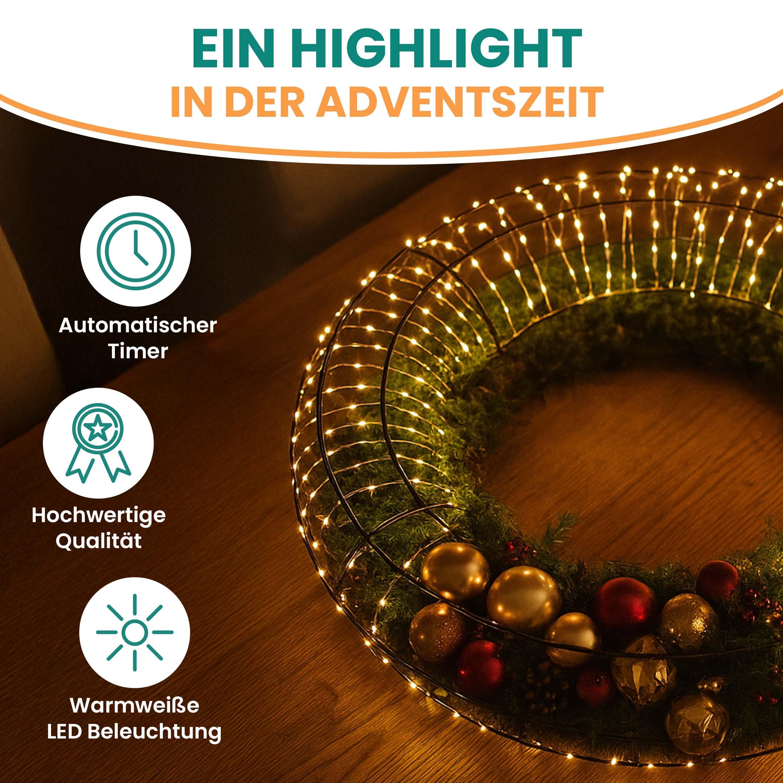 Gartenpirat Kranz 70 cm aus Kupferdraht Lichterkette 1920 LED warmweiß mit Timer-Funktion Weihnachtsdeko Türkranz Wanddeko für innen und außen