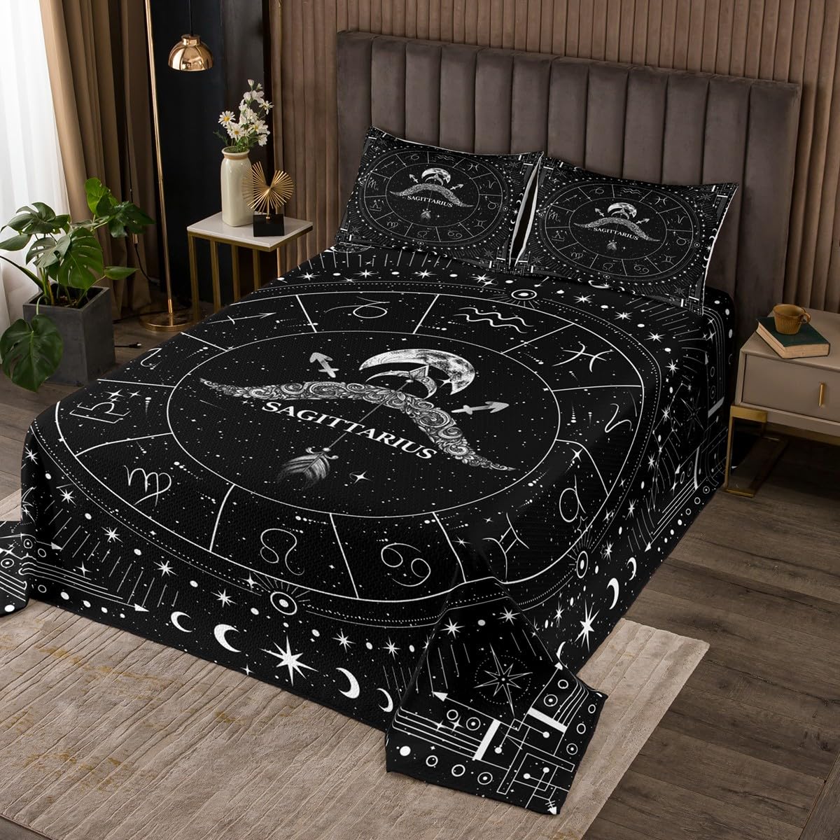 Feelyou Zodiac Coverlet Set Queen Size Sagittarius Bedspread for Kids Boys Girls Teens Moon Star Pattern Bedding Set Universe Cloud Galaxy Bed Cover 3Pcs