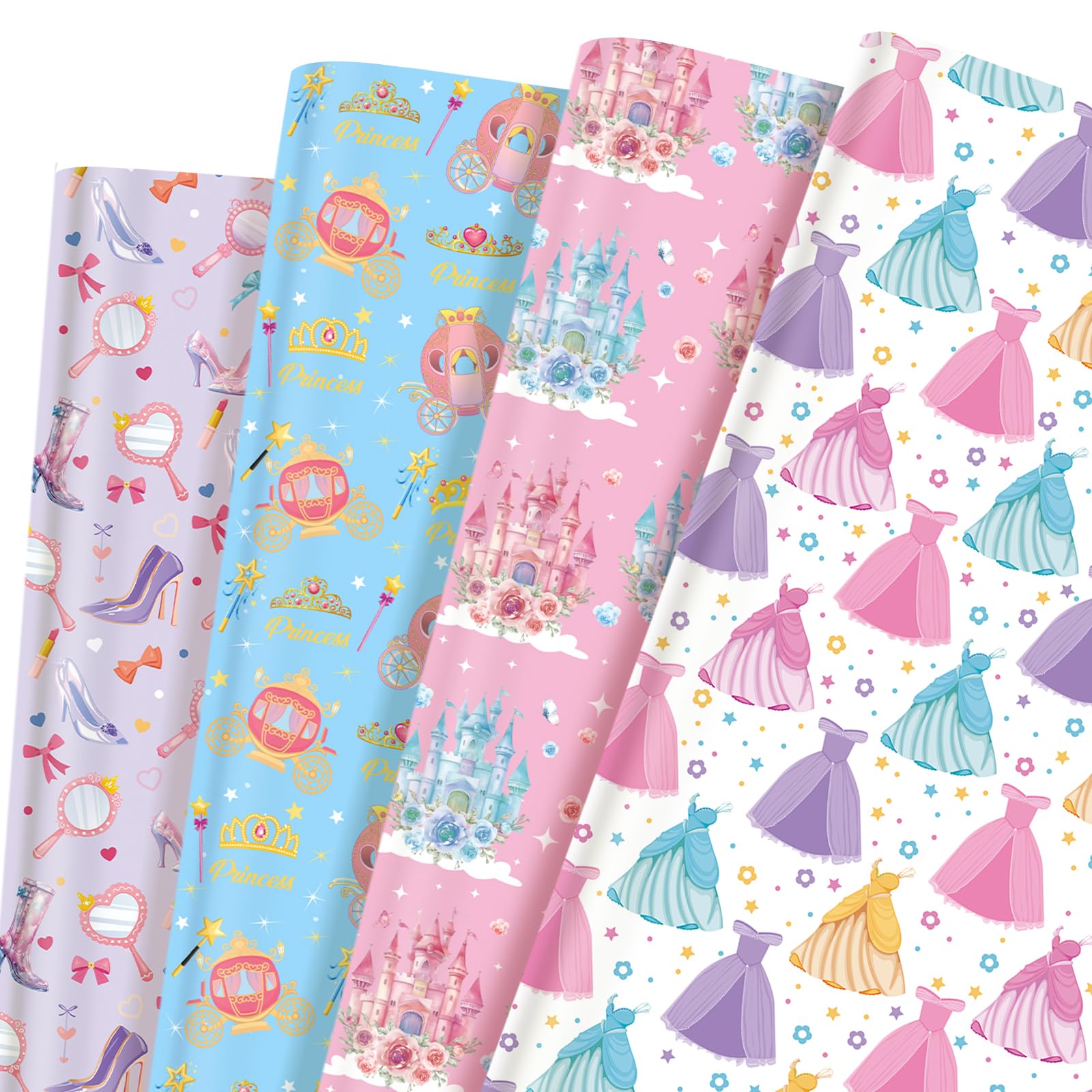 Pineraap 12 Sheets Princess Wrapping Paper, Princess Castle Crown Dress Print Gift Wrap Pink Blue Purple Gift Packing Paper for Girls Birthday Baby Shower Party Supplies, 19.7 x 27.6 Inch