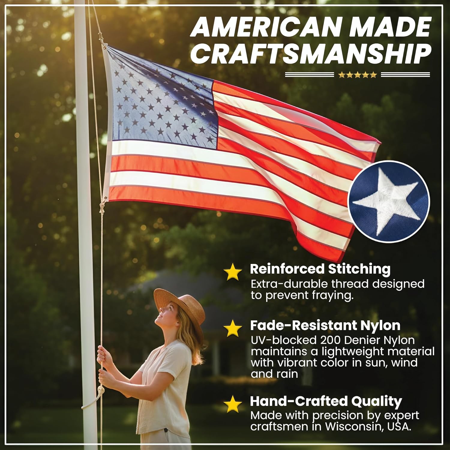 Premium American Flag for Outside 4x6 Made in USA | Outdoor Nylon Flag with Embroidered Stars & Hand-Stitched Stripes | US Sourced Materials | Built & Finished in Wisconsin