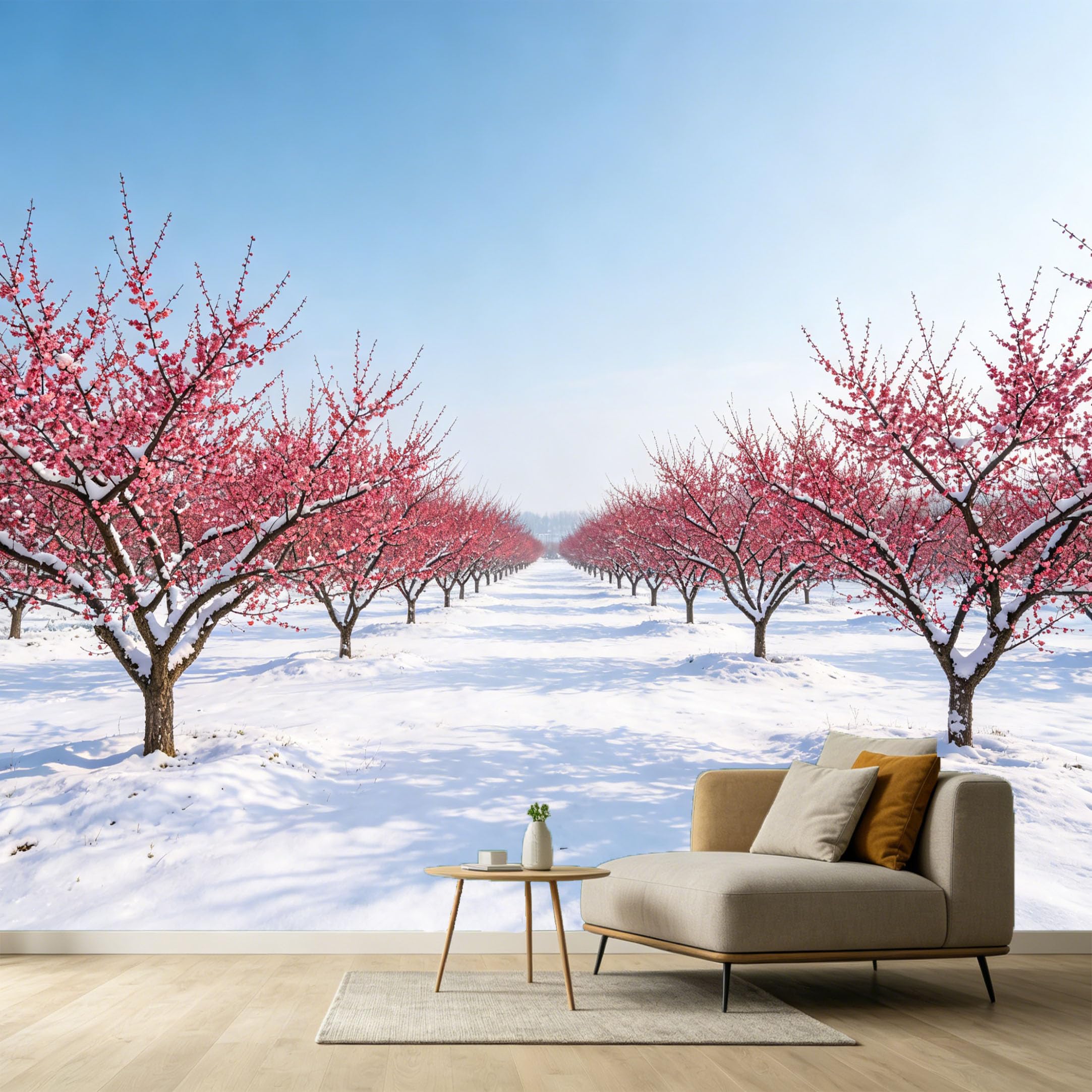 Custom Size Wall Murals Pink Cherry Blossom Tree Winter Landscape Botanical Snow Covered Orchard SelfAdhesive Wall Fabric Removable Large Wallpaper for Photo Living Room