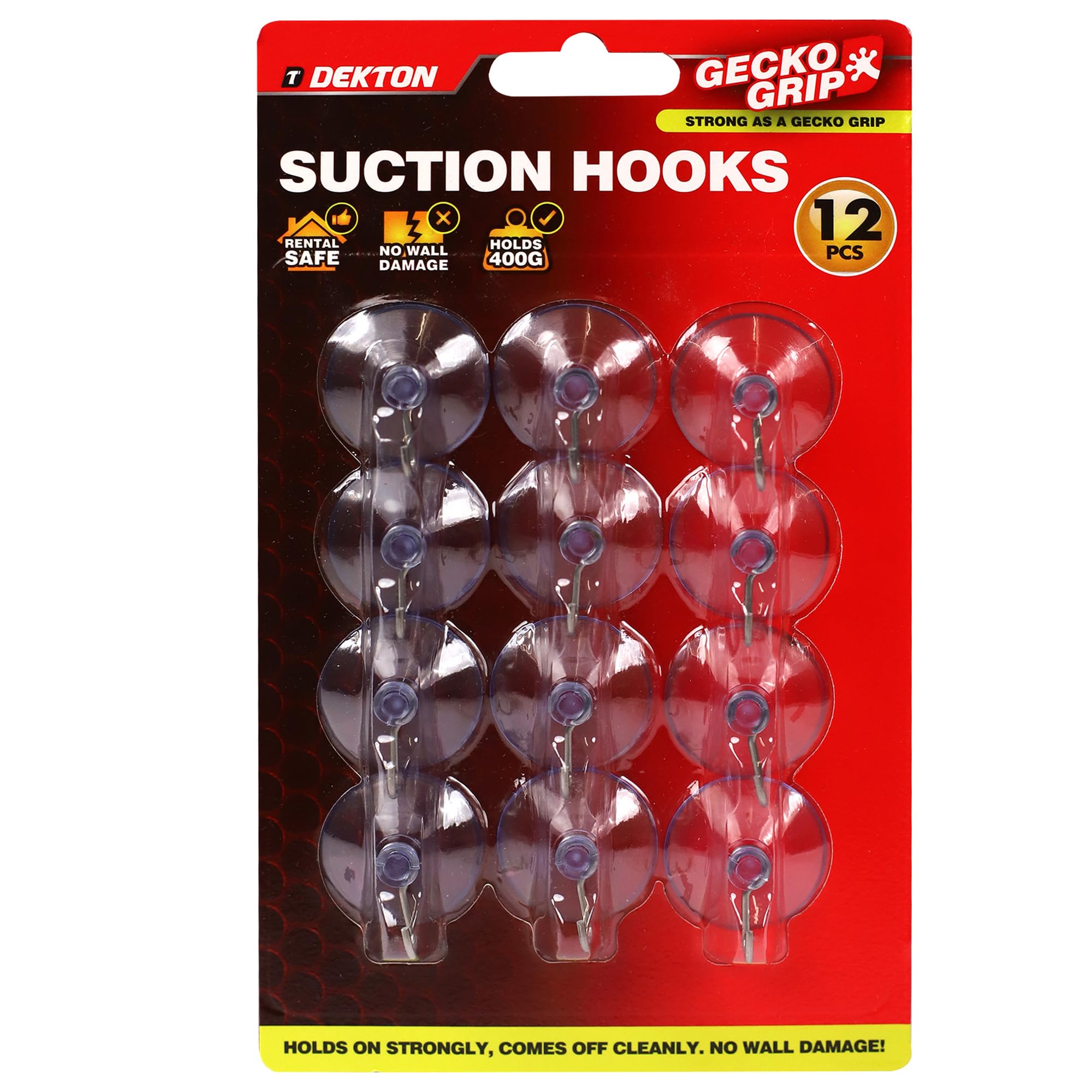 Dekton Geckogrip Suction Hooks Large 12pc-Strong Suction Cup Hooks|No Drilling or Tools Required| Ideal for Kitchen,Bathroom|Reusable & Residue-Free|Secure Hold on Smooth Surfaces|Durable & Waterproof