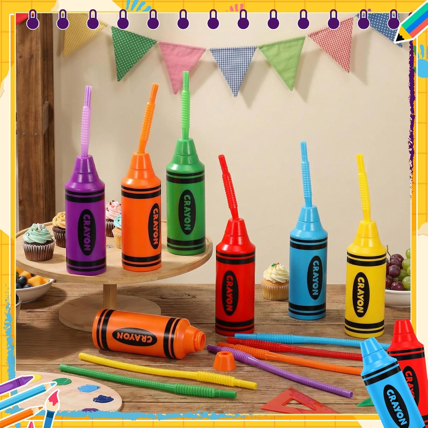 Tanlade 12 Pcs Back to School Gifts Crayon Plastic Cups with Lids Straws 10 oz Crayon Tumbler Cups Shaped Fun Classroom Party Gifts Birthday First Day of School Party Favors - Image 2