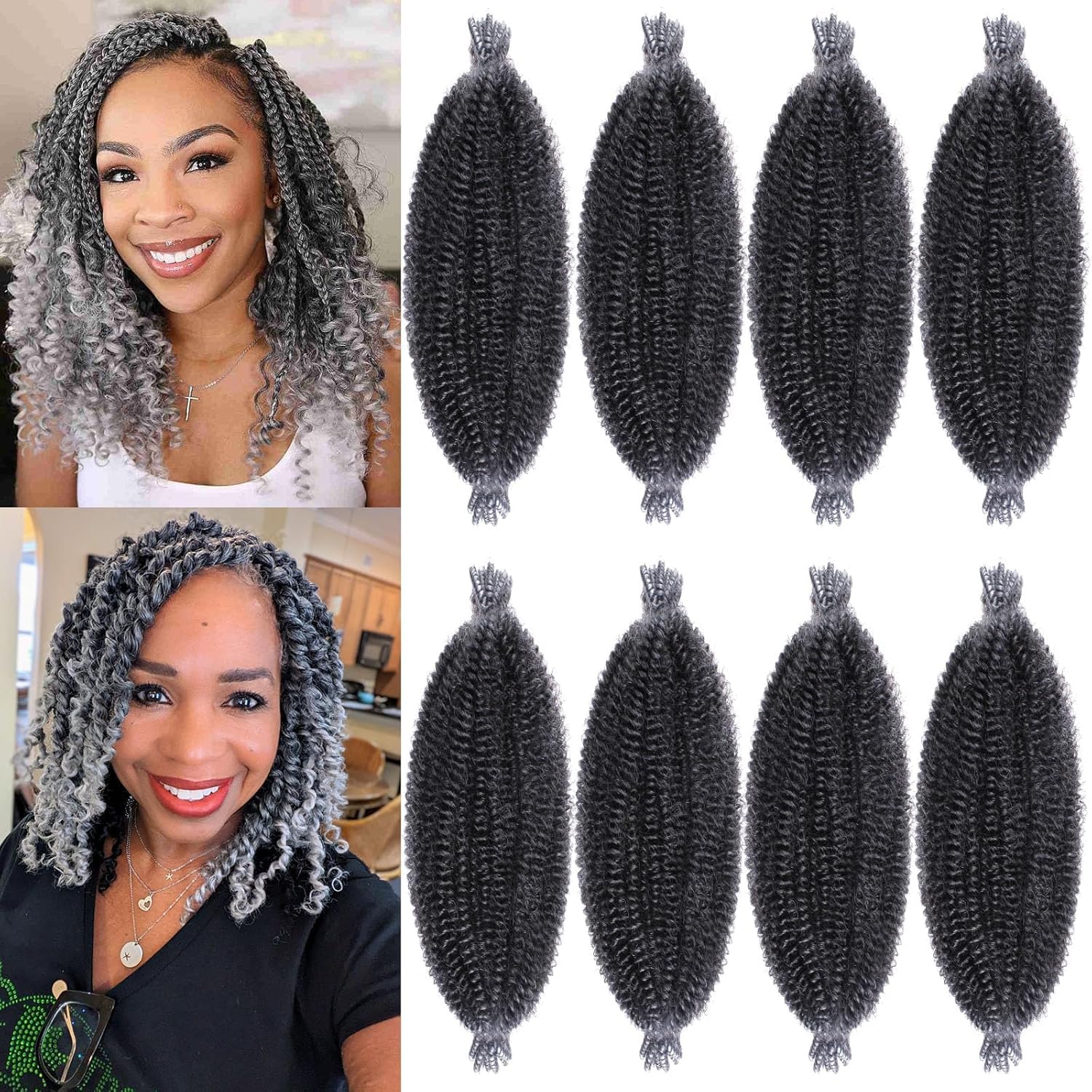 Xtrend 8 Packs Pre Separated Springy Afro Twist Hair 16 Inch Spring Twist Hair for Faux Locs Crochet Hair Pre Fluffed Marley Twist Crochet Braiding Hair Synthetic Extensions (8 Strands/Pack,TGREY)