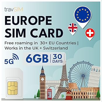 travSIM 欧洲SIM卡 | 6GB流量 | 欧盟内无限通话 | 适用于英国、瑞士及30多个欧盟国家 | 30天有效计划