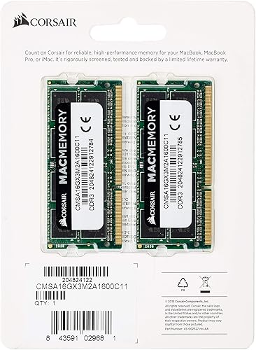 Miniatura 2 de Corsair CMSA16GX3M2A1600C11 - Memoria para portátil con certificación Apple de 16 GB (2x8 GB) DDR3 1600MHz (PC3 12800) de 1.35V
