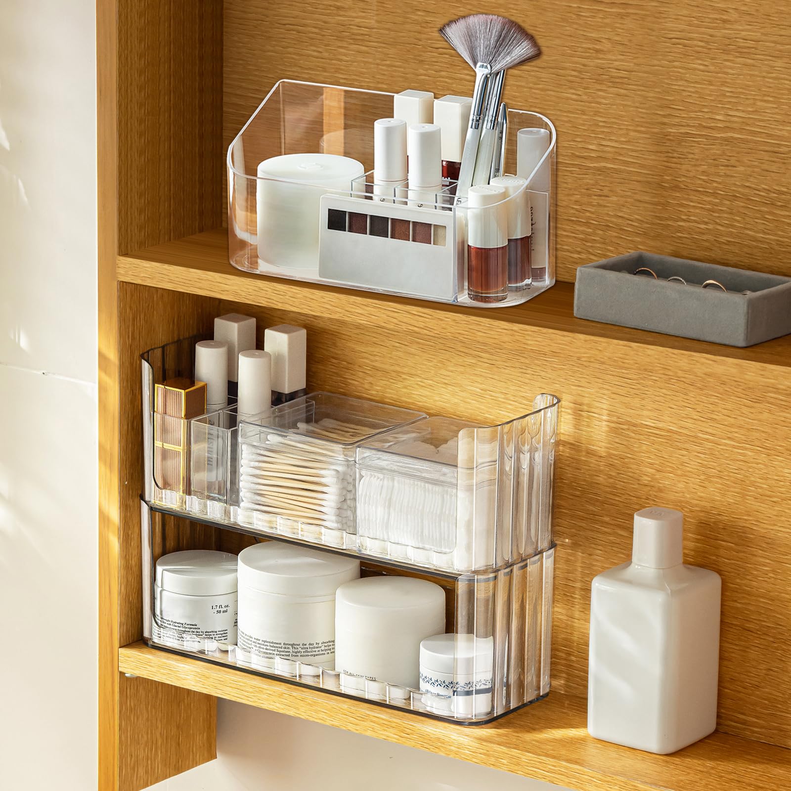 Poeland 2 Pack Stackable Makeup Organizer Tray, Transparent Cosmetic Display Case with 2 Lipstick Cases and 2 Cotton Swab Pad Boxes, Medicine Cabinet Shelves Organizer