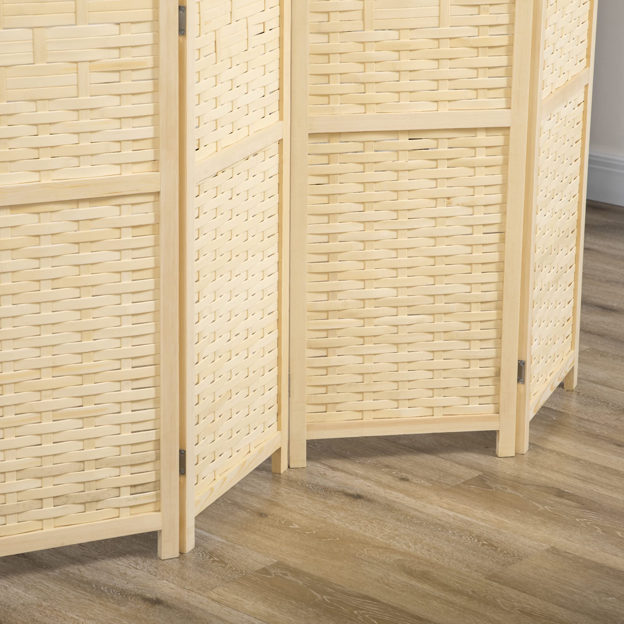 HOMCOM Paravento da Interno a 4 Ante in Legno e Bambù Intrecciato, Separé Divisorio Pieghevole Salvaspazio, Altezza 170cm, Naturale