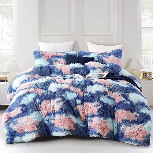 Jillche Bed Juego de edredón esponjoso tamaño Queen cálido y acogedor juego de edredón mullido de piel sintética de 3 piezas adorable cama de regalo