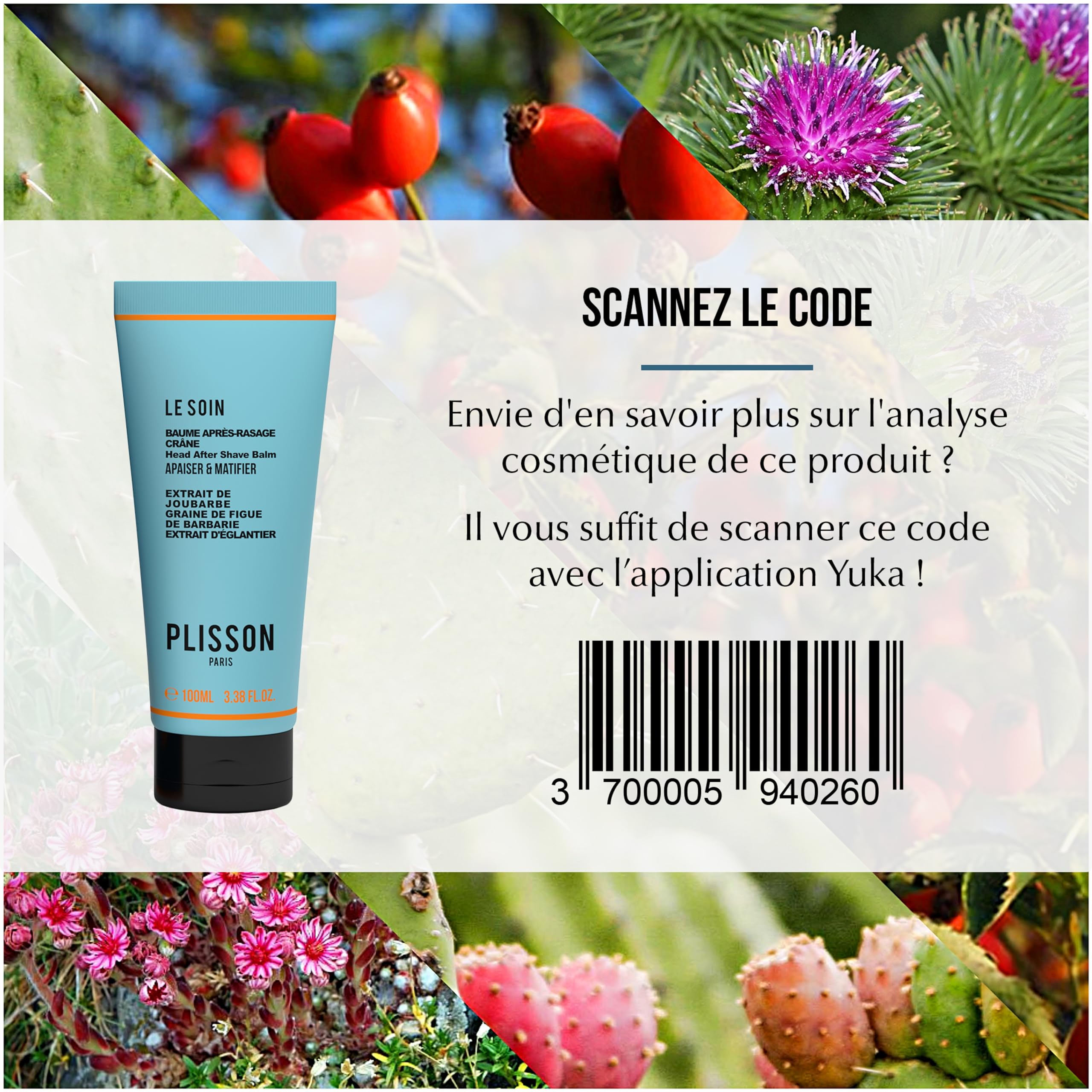Plisson - Baume Après-Rasage pour le Crâne - Tous Types de Peaux - 95% d’Ingrédients d’Origine Naturelle, Églantier, Joubarbe et Grain de Figue de Barbarie - Fabrication Française - 100 ml