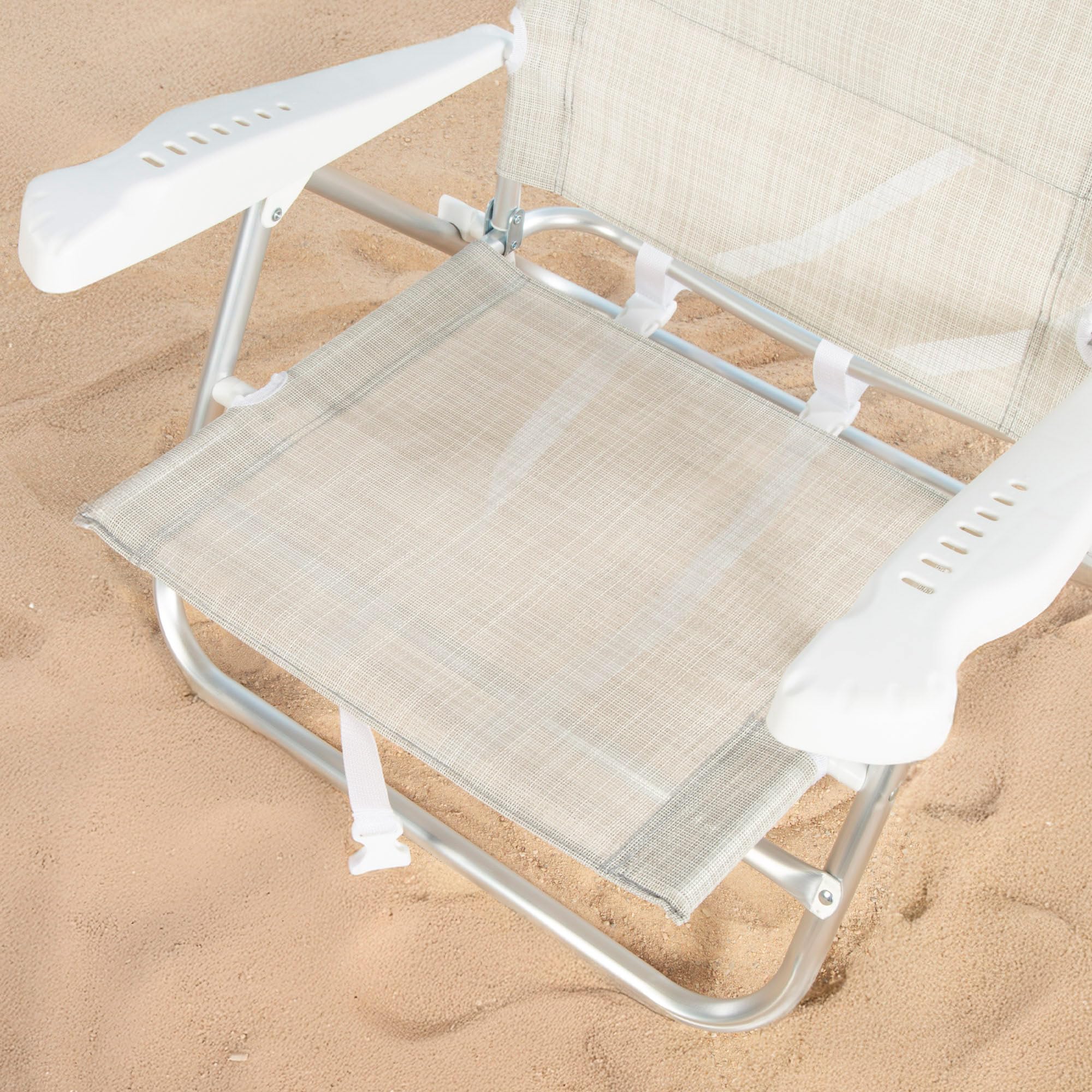 AKTIVE Chaise de Plage Pliable, Beige, Multipositions 8 Positions, textilène et Aluminium, 47 x 49 x 82 cm, Charge 110 kg, avec poignée de Transport